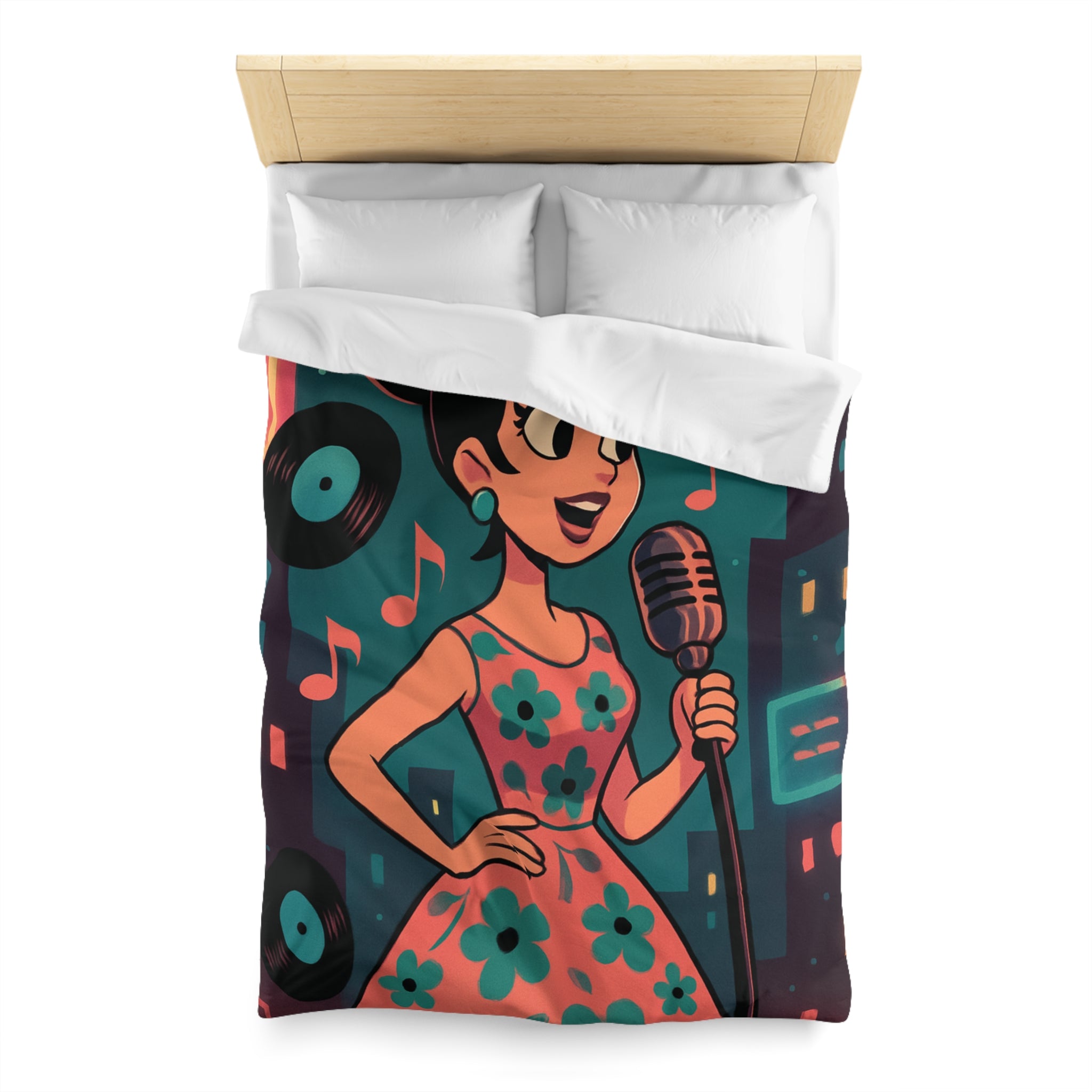Housse de Couette Vintage Femme en Robe à Fleurs Chante Microphone Musique.