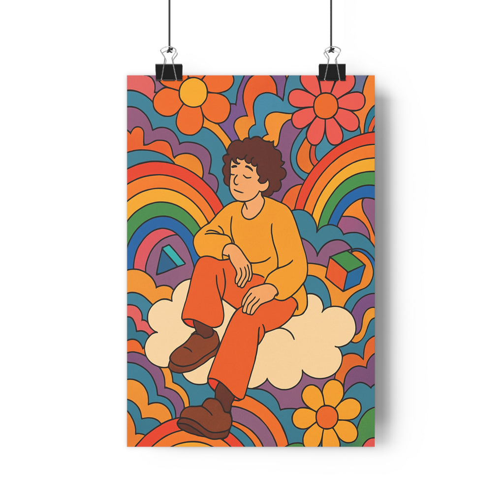 Poster décoratif psychédélique coloré cartoon joyeux bleu violet orange nuage fleurs chambre créatif dynamique