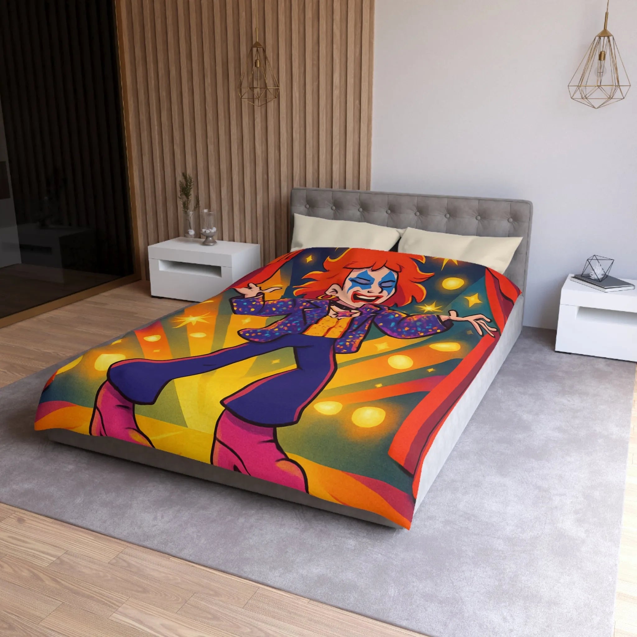 Housse de couette colorée avec personnage énergique sur scène, étoiles et rideaux rouges