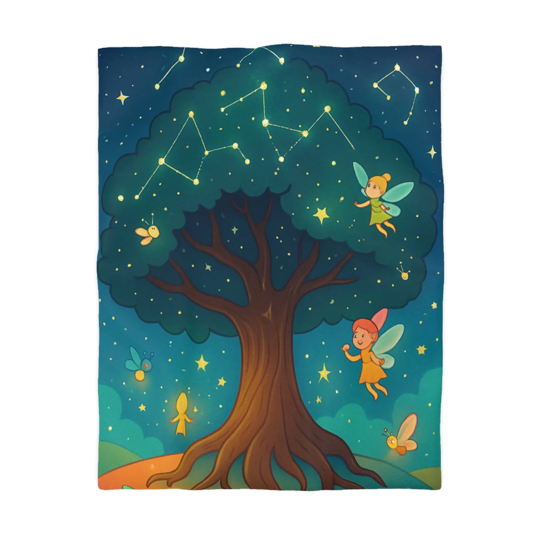 Housse de couette féérique avec arbre enchanté et fées sous les constellations étoilées