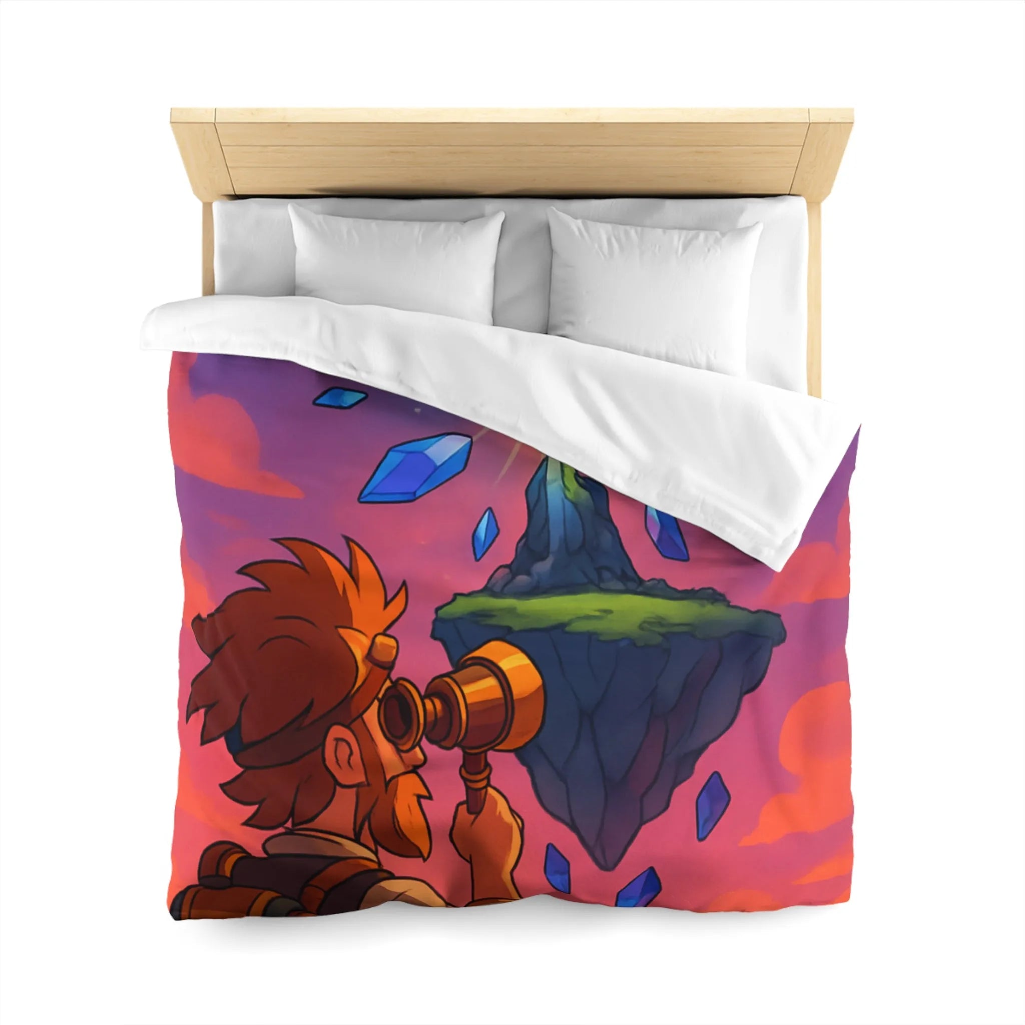 Housse de couette aventure fantastique avec cristaux flottants et scientifique explorateur