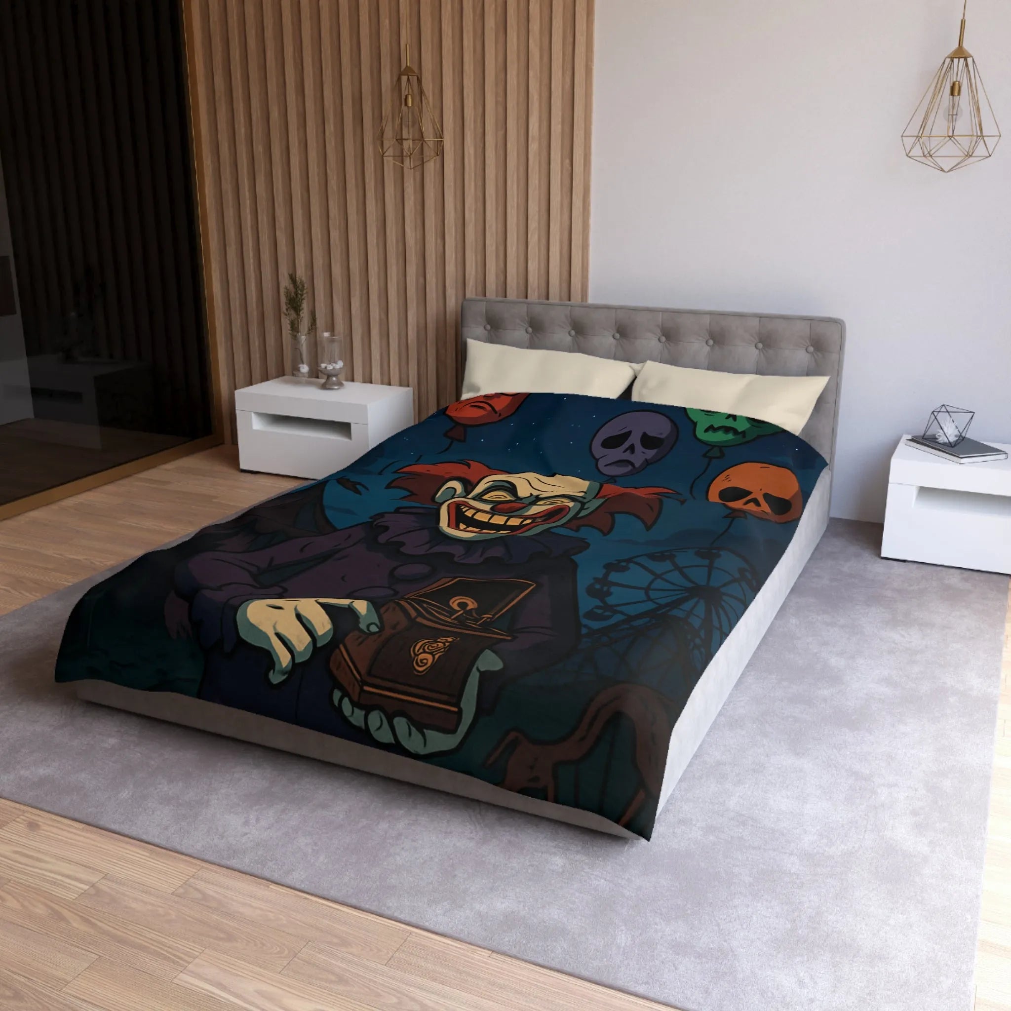 Housse de couette effrayante de clown sinistre avec ballons et fête foraine sombre