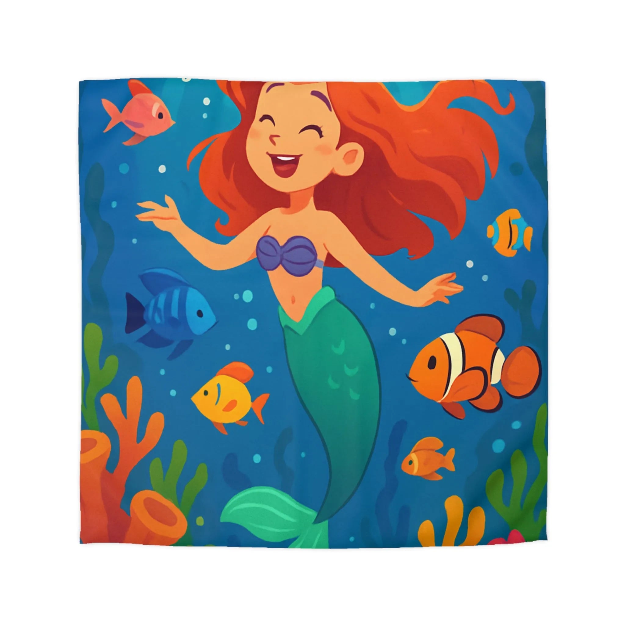 Housse de couette colorée avec sirène joyeuse et poissons dans un océan magique