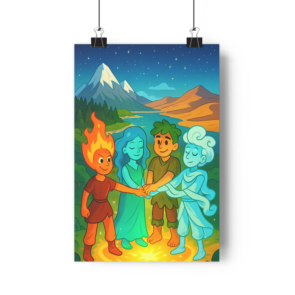 Poster décoratif fantastique anime feu terre eau air magique couleurs vives chambre salon harmonieux