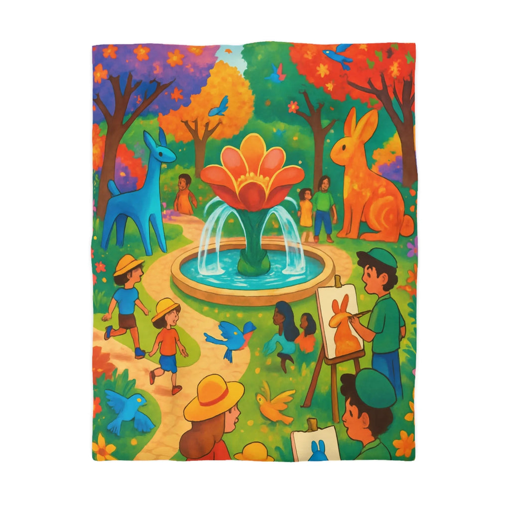 Housse de couette colorée avec animaux fantastiques, enfants et fontaine au parc artistique