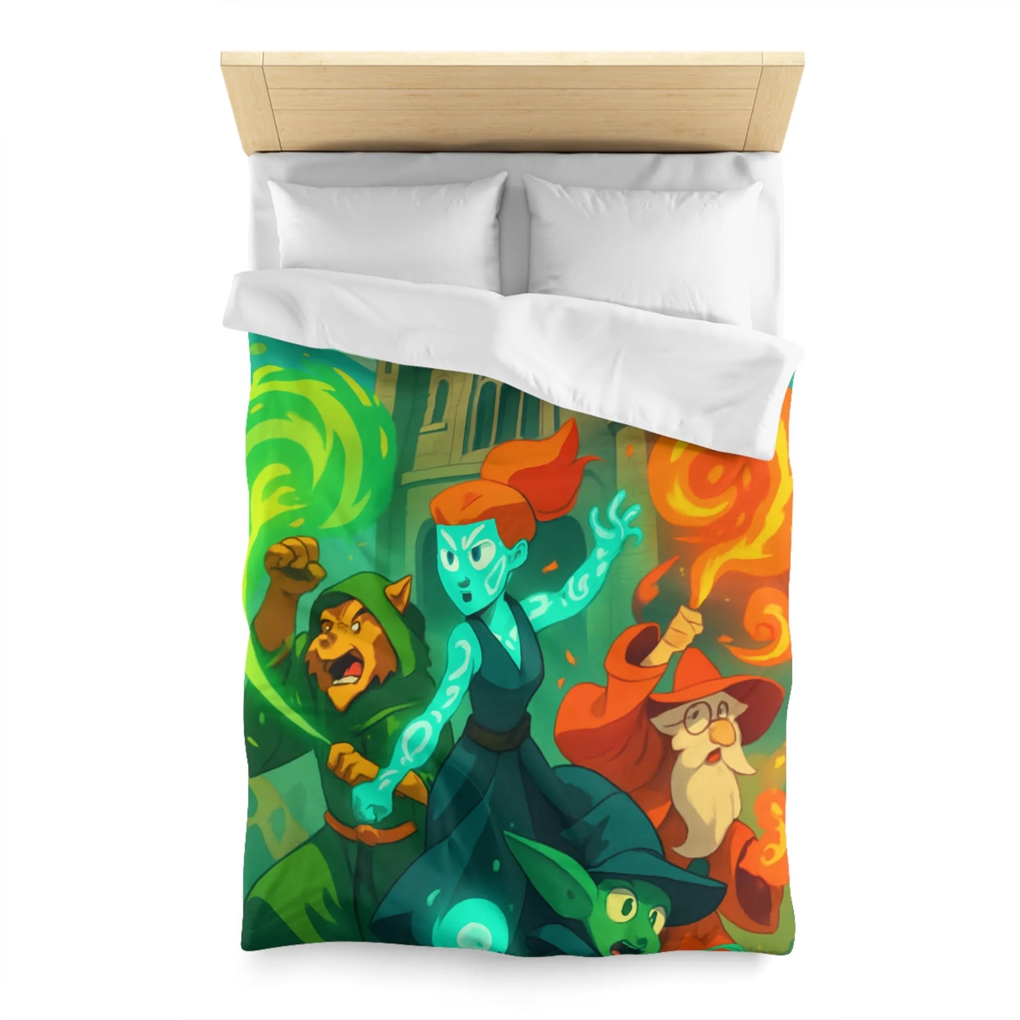 Housse de couette magique pour enfant avec personnages et château, ambiance féérique animée