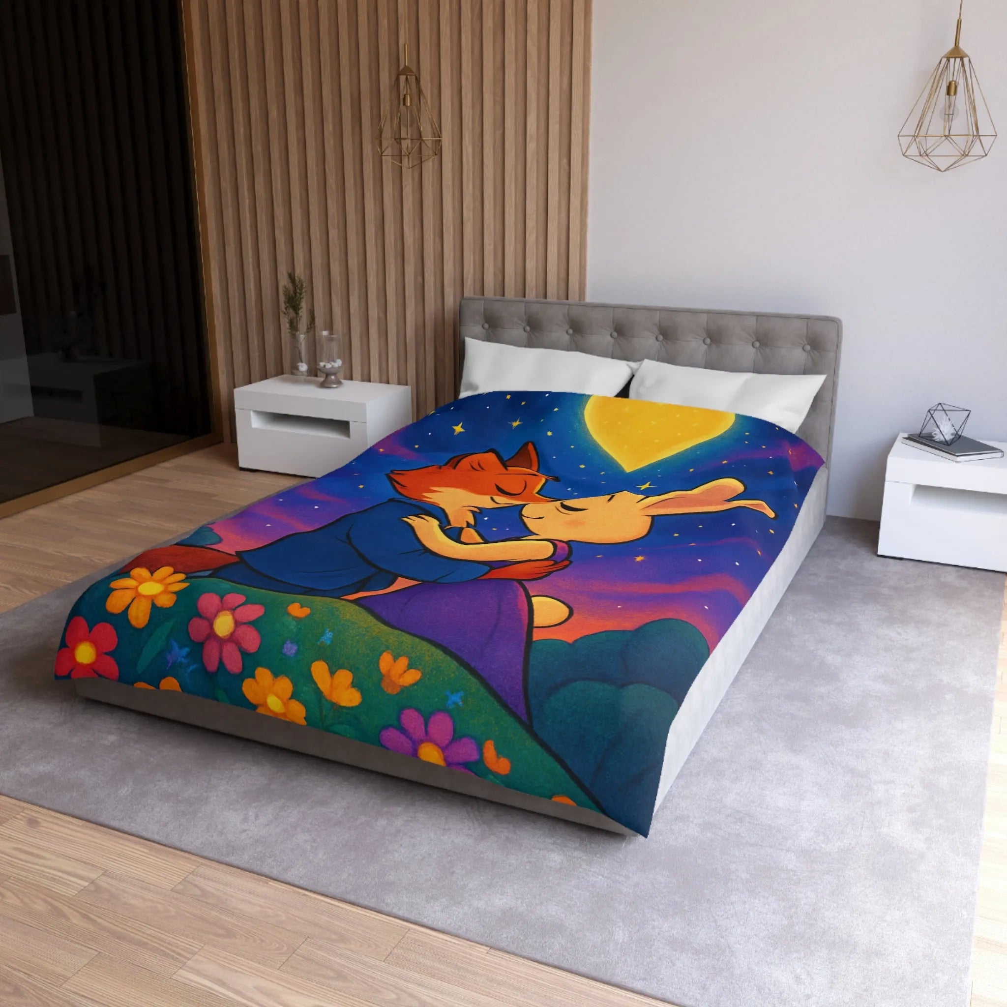 Housse de couette avec renard et lapin amoureux sous ciel étoilé romantique