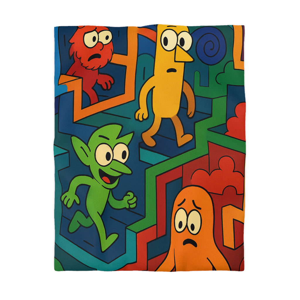 Housse de couette multicolore avec labyrinthes et personnages fantaisistes en motifs géométriques
