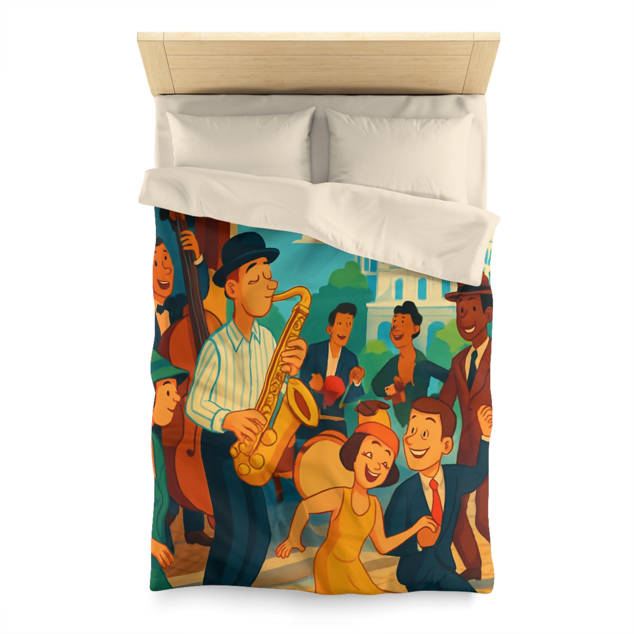 Housse de couette vintage avec scène de musique jazz animée et danse joyeuse