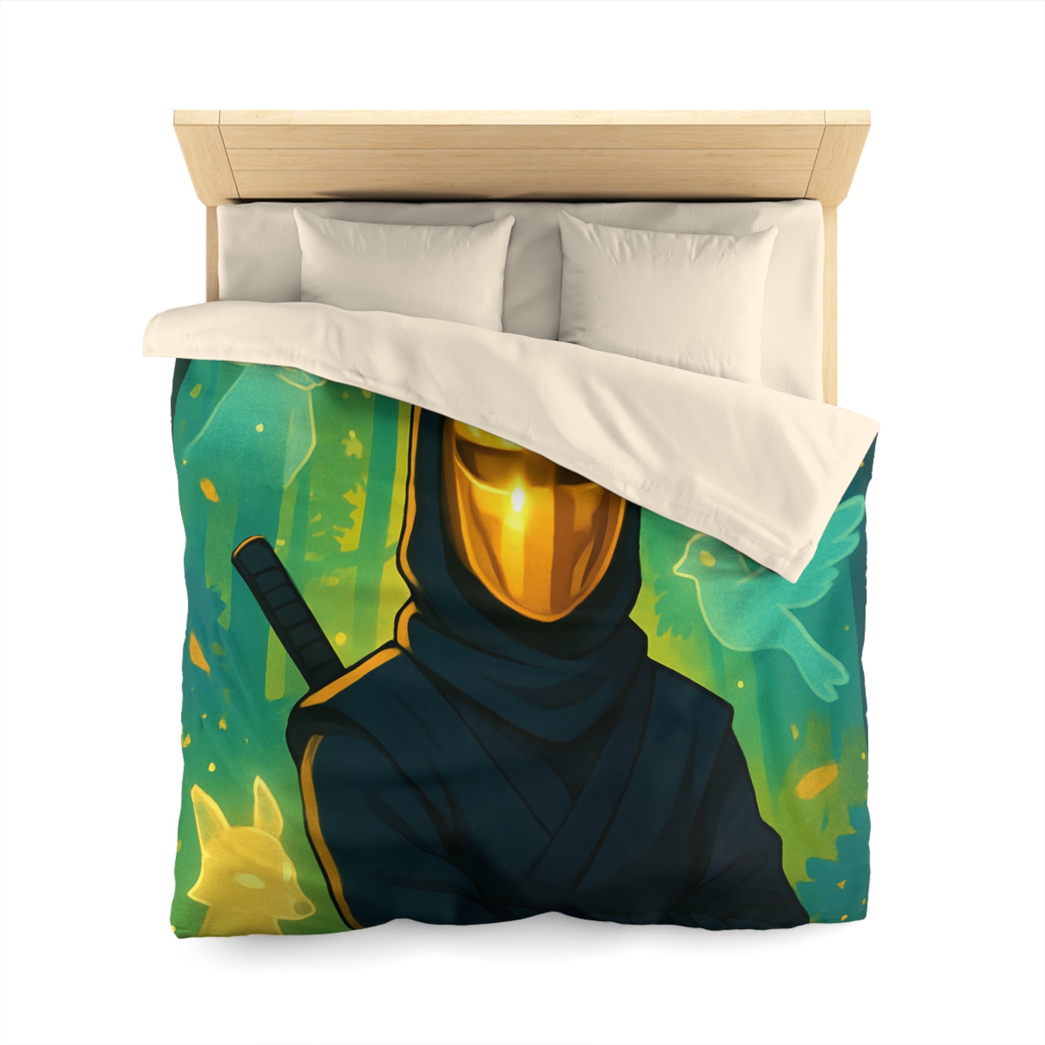Housse de couette ninja doré avec animaux mystiques et forêts enchantées lumineuses