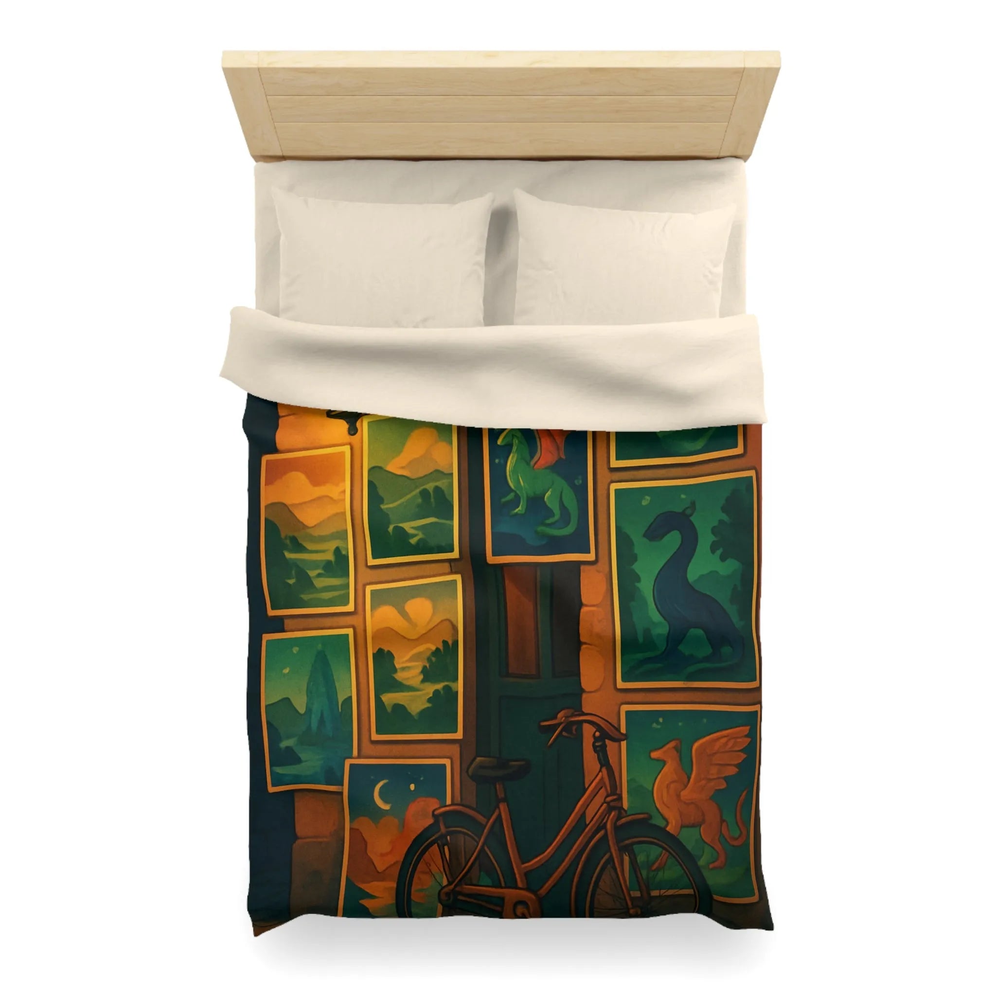 Housse de couette artistique avec dragons mythiques et paysage nocturne, ambiance mystérieuse