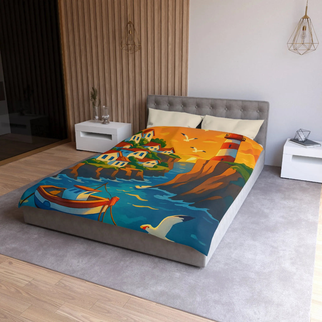 Housse de couette avec paysage côtier et phare pour chambre relaxante et colorée