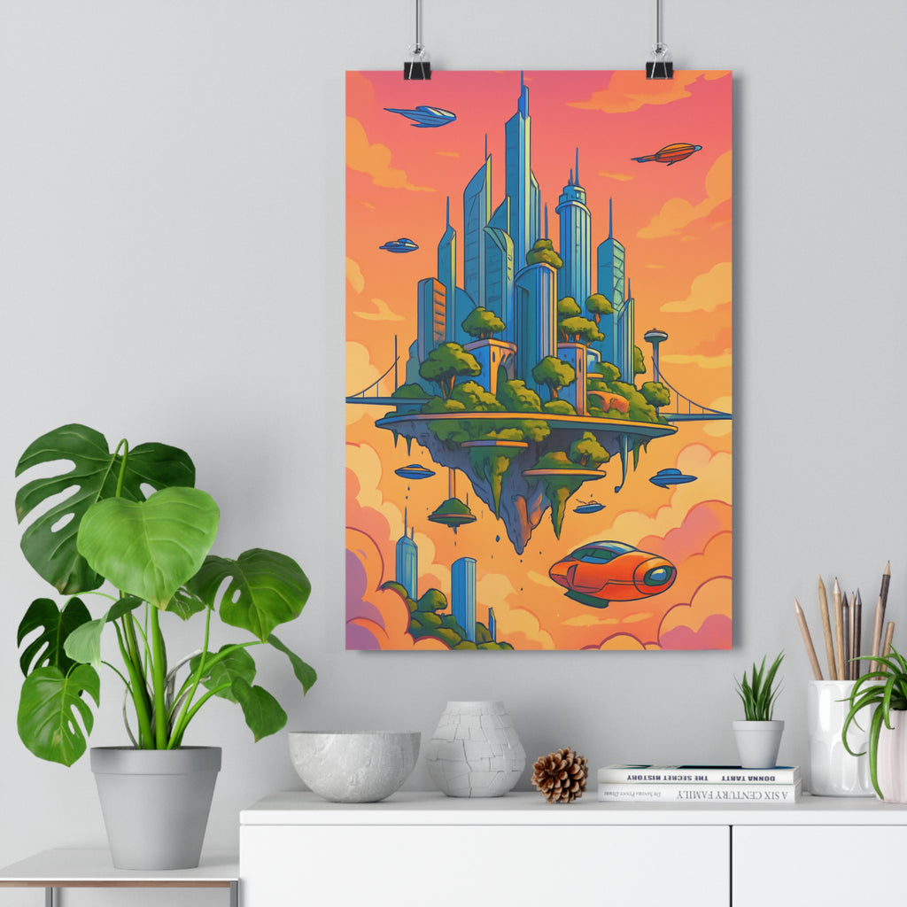 Poster décoratif futuriste cartoon bleu orange aérien onirique salon chambre 30x46 moderne tendance unique