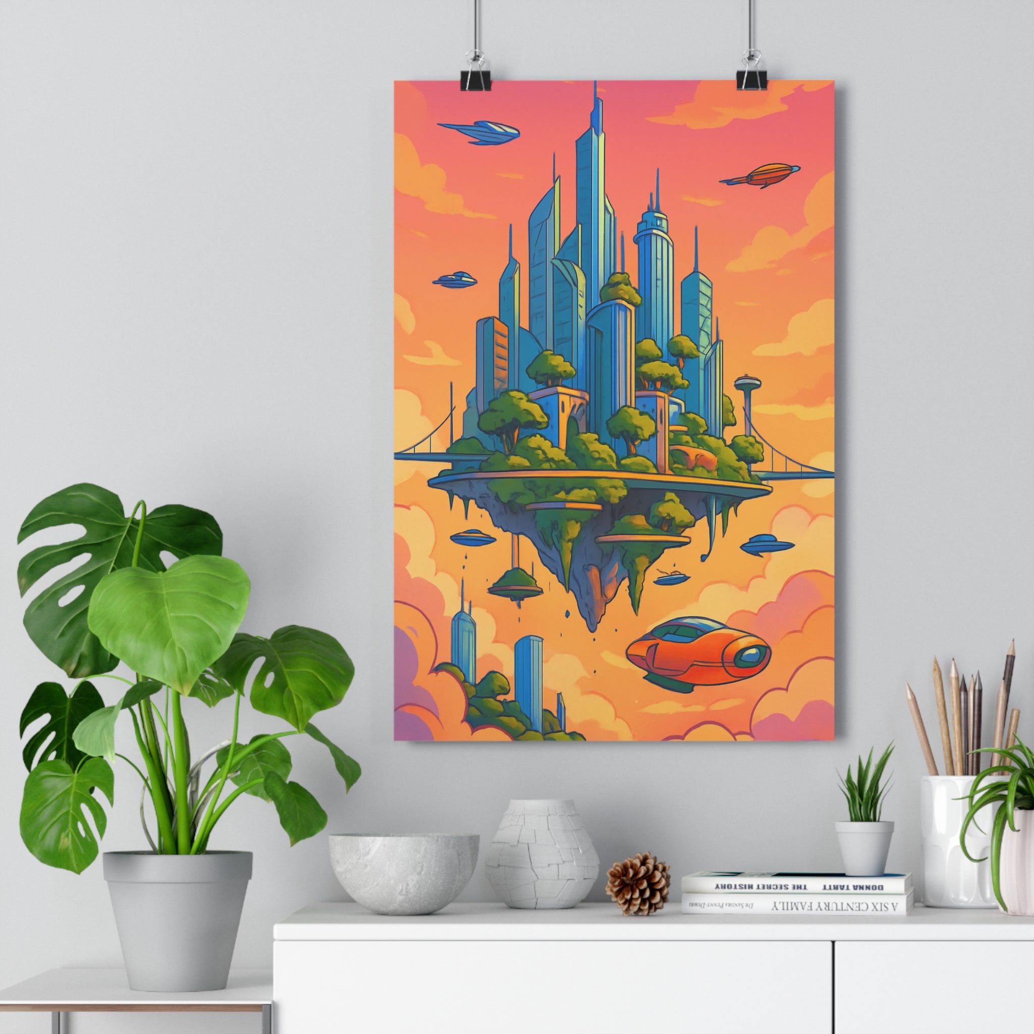 Poster décoratif futuriste cartoon bleu orange aérien onirique salon chambre 30x46 moderne tendance unique