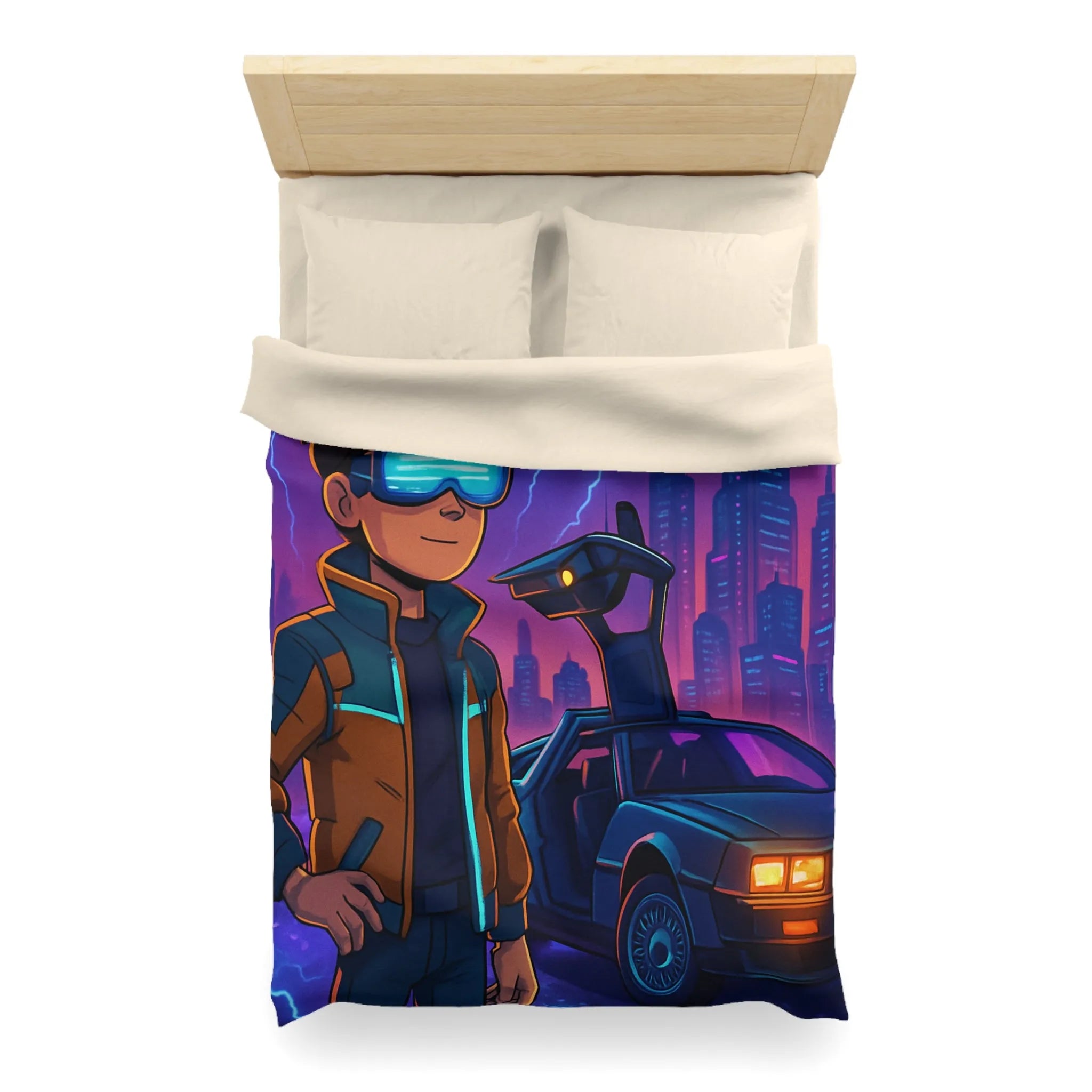 Housse de Couette Futuriste Style Rétro avec Éclair, Voiture et Jeune Garçon Aventureux