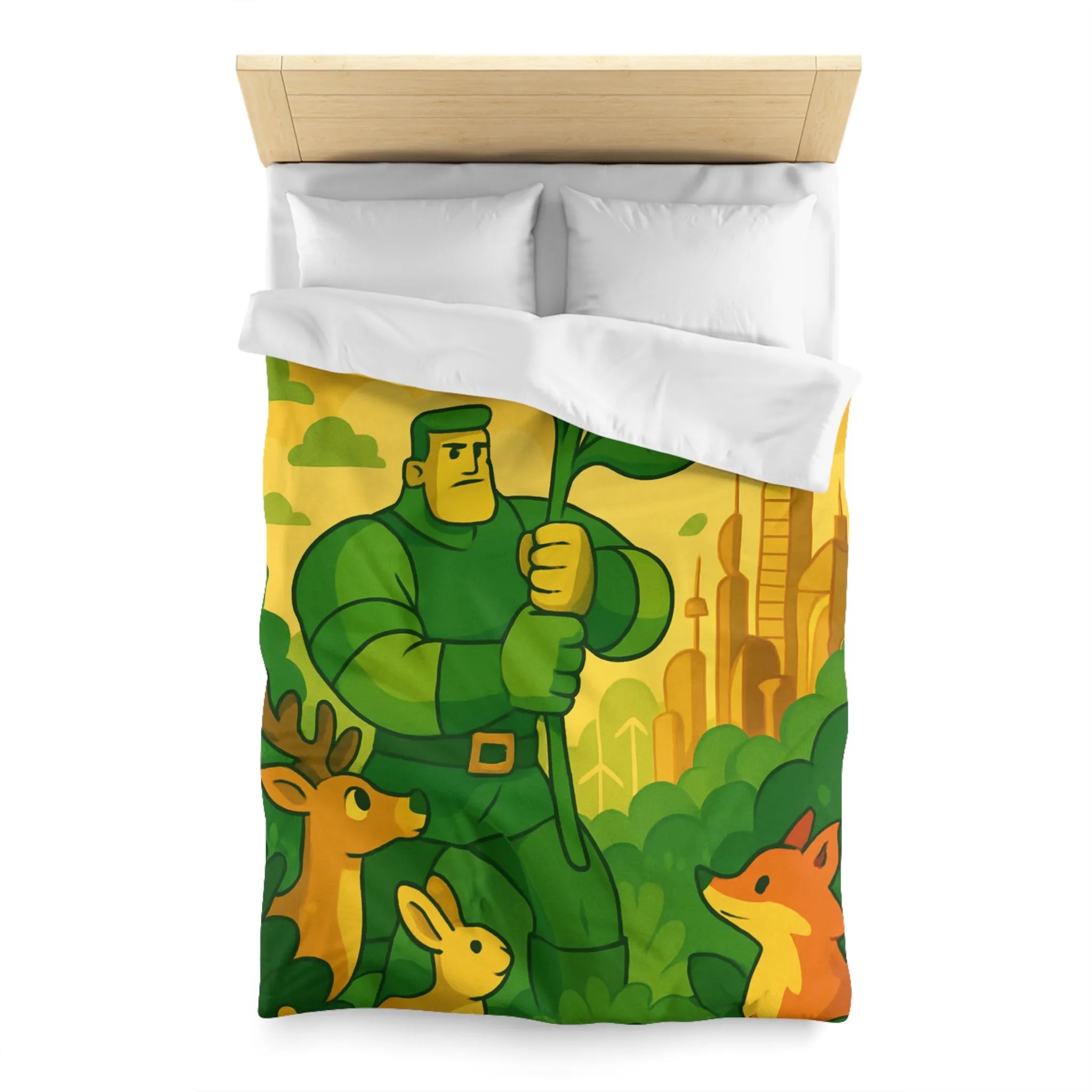 Housse de couette avec illustration végétale et animaux dans une ambiance futuriste naturelle