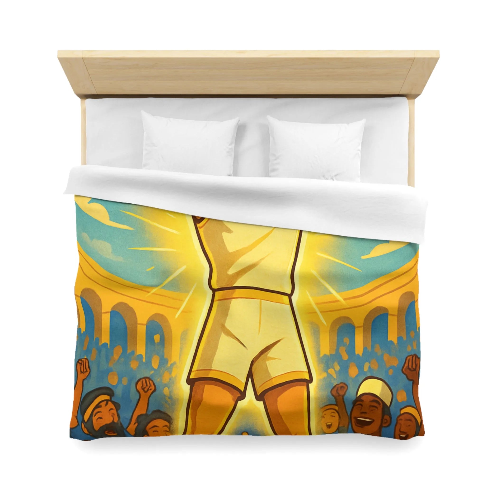 Housse de couette lumineuse avec athlète triomphant dans une arène ensoleillée vibrante