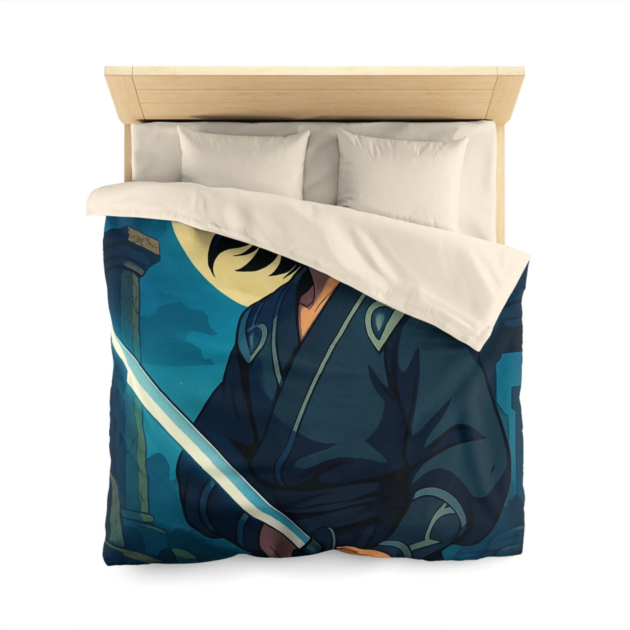 Housse de couette épique avec guerrier anime sous lune mystique et ruines anciennes