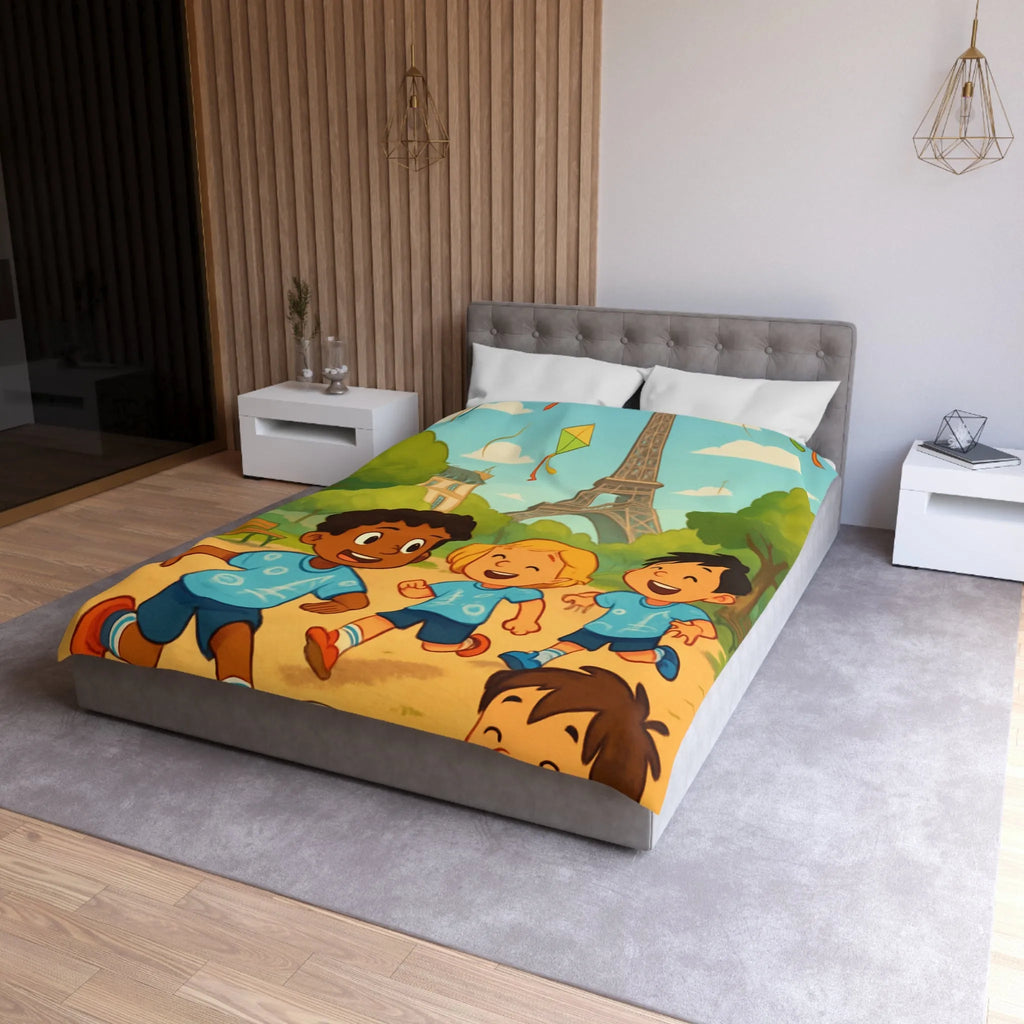 Housse de couette enfant avec tour iconique et cerfs-volants colorés en arrière-plan