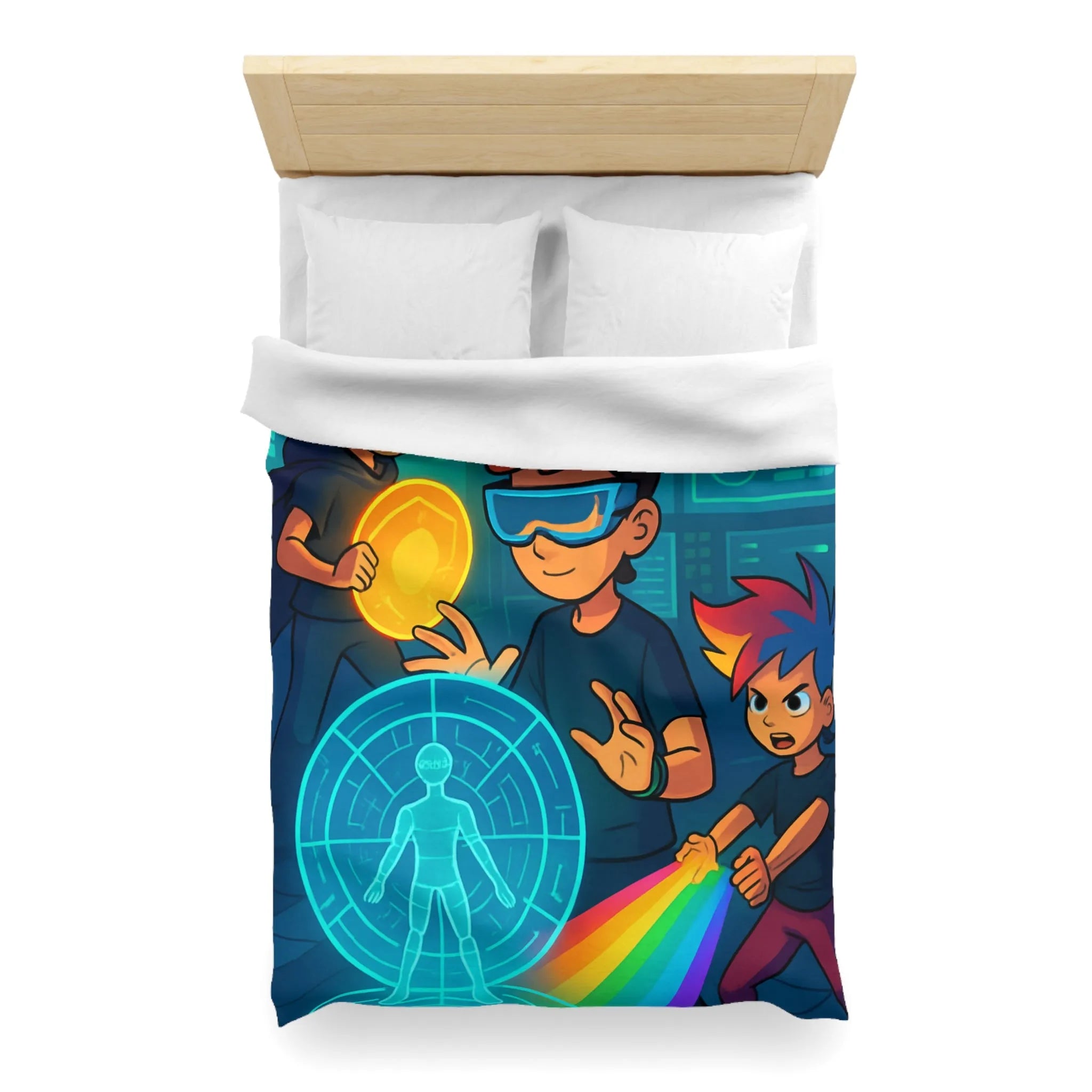 Housse de couette colorée avec enfants explorant un monde futuriste numérique et lumineux