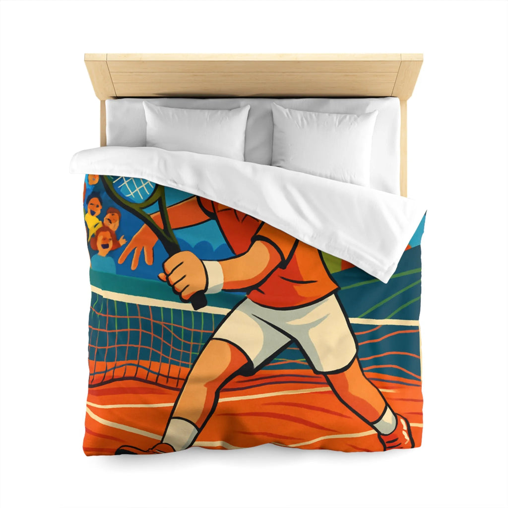 Dessin Animé Joueur de Tennis Dynamique en Action sur Court avec Public Enthousiaste