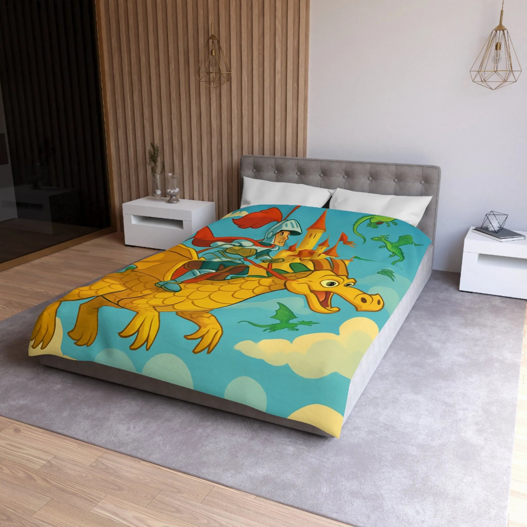 Housse de couette avec chevalier courageux chevauchant un dragon doré au-dessus château fantastique