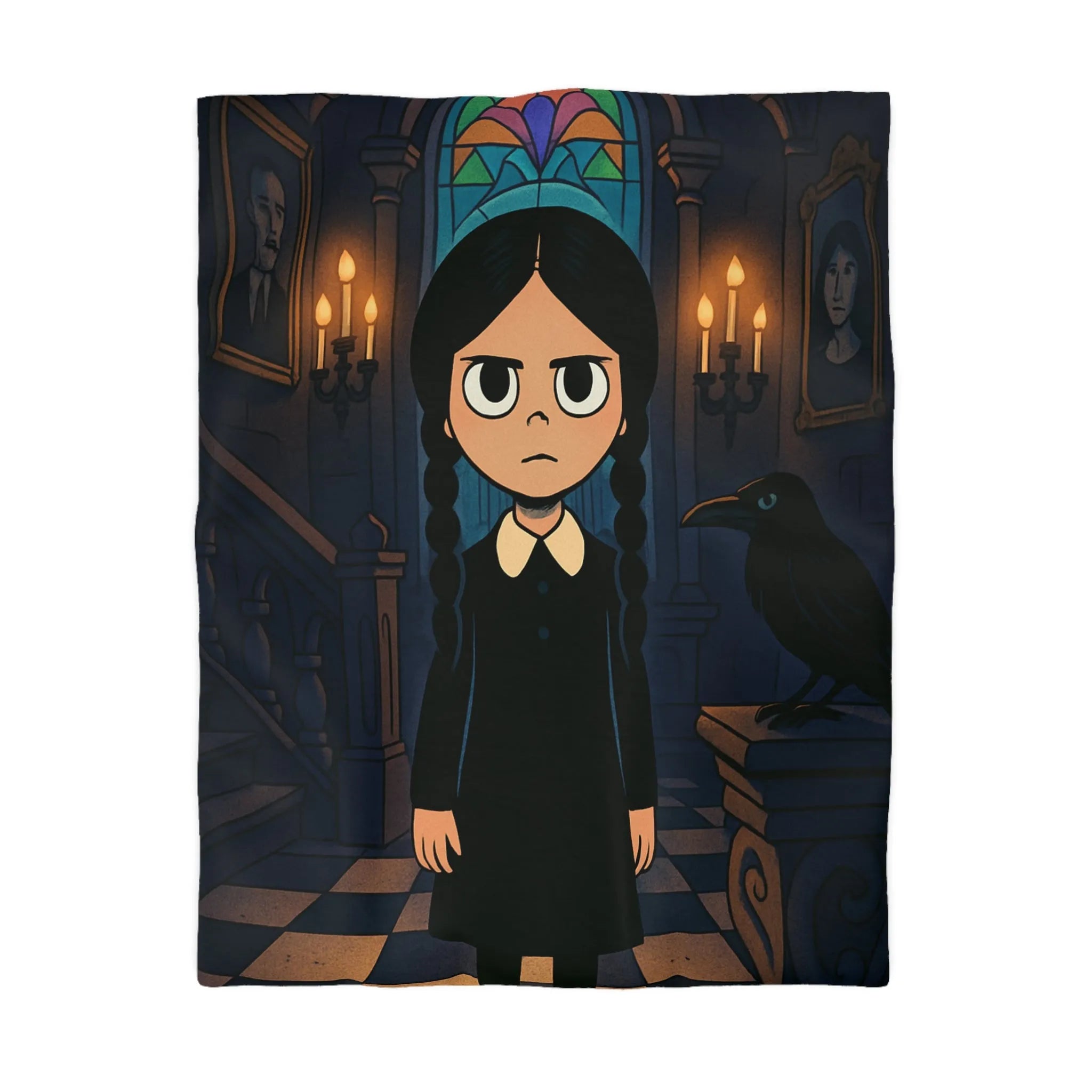 Housse de couette gothique avec motif enfant et corbeau, ambiance colorée et mystérieuse