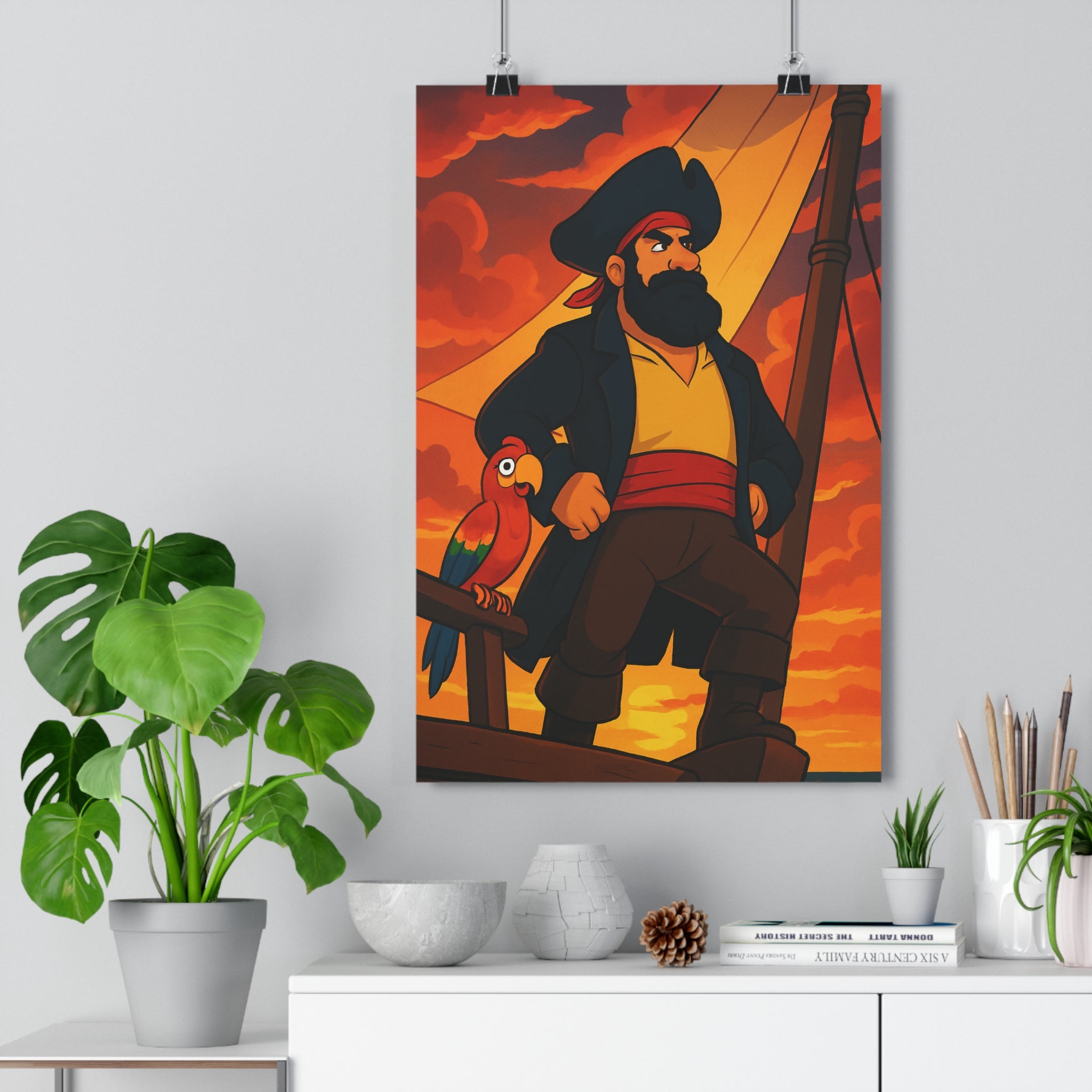 Poster décoratif anime rouge orange aventure pirate chambre salon bureau 30x46 capitaine perroquet qualité