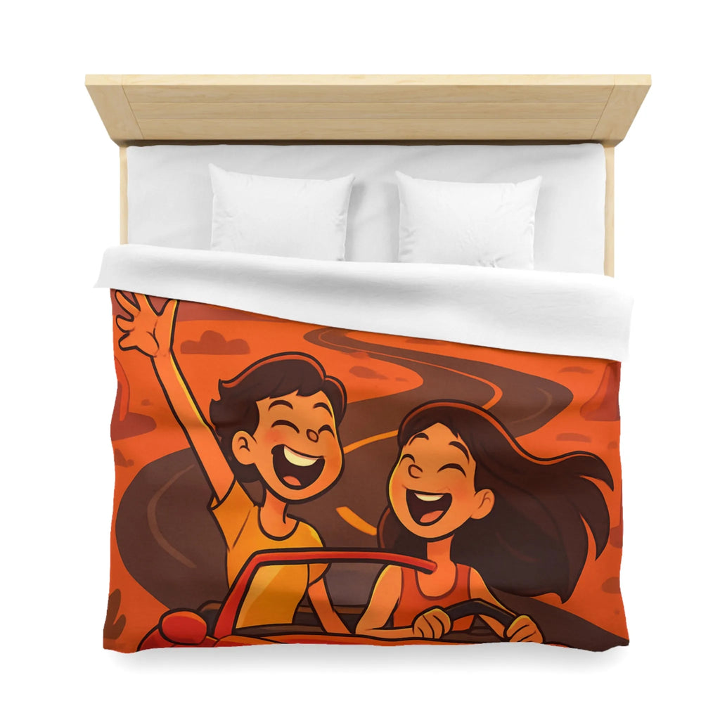 Aventure en voiture rouge dans un désert ensoleillé avec couple et aigle volant