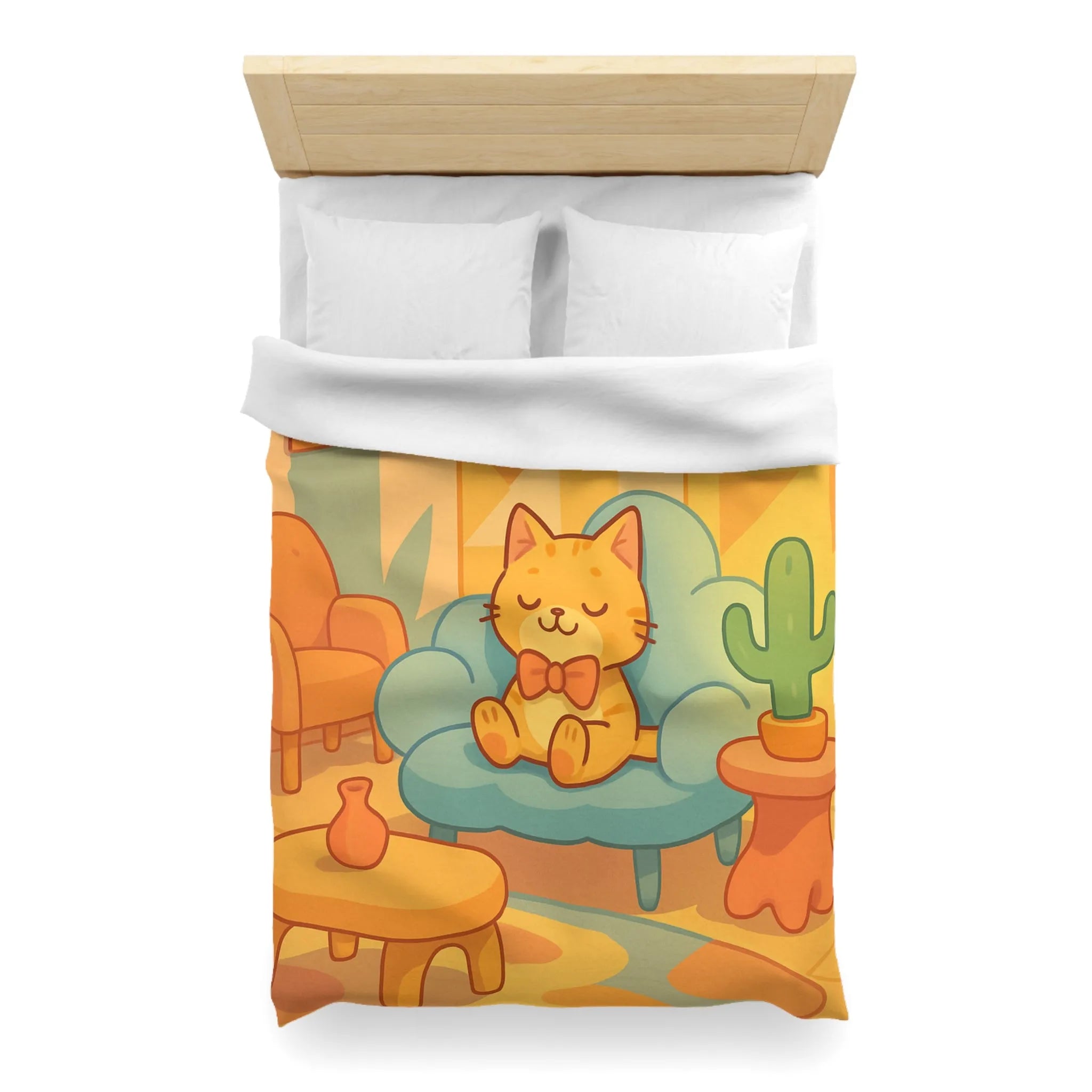 Housse de Couette Douce avec Chat Mignon et Décor Géométrique Moderne en Pastel