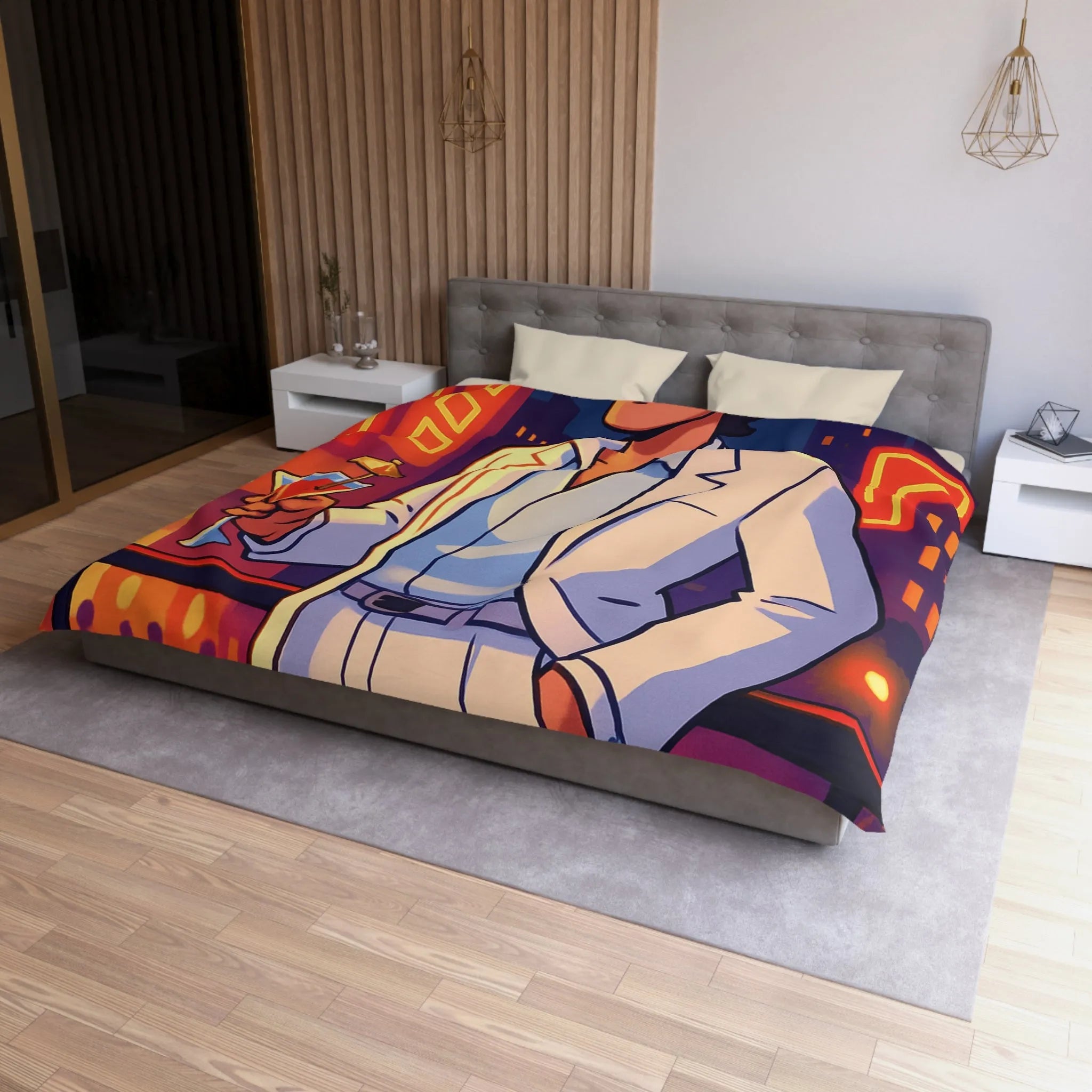 Housse de Couette Élégante avec Illustration Nocturne, Martini et Élégant Costume Blanc