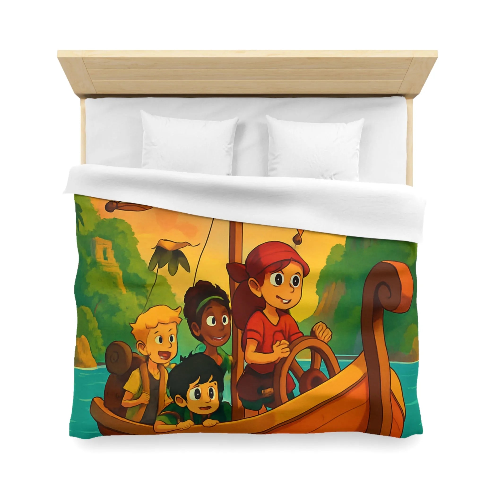 Housse de couette enfantine avec bateau, amis et animaux marins, ambiance tropicale vive