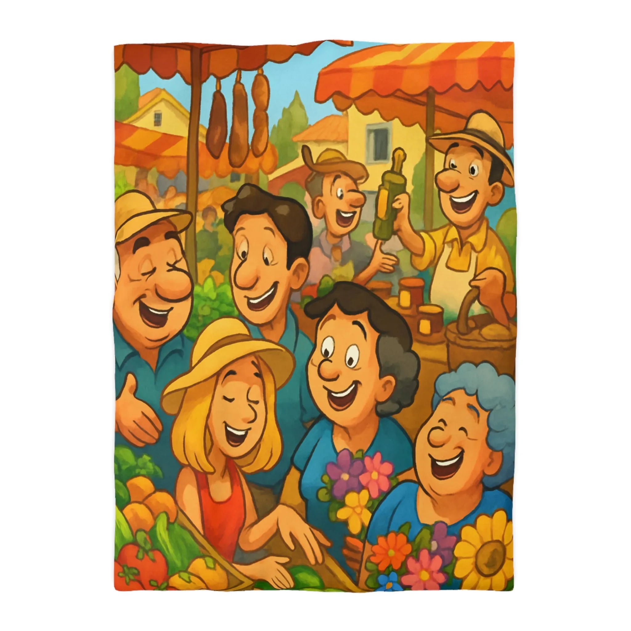 Housse de couette avec illustration joyeuse d'un marché animé et coloré