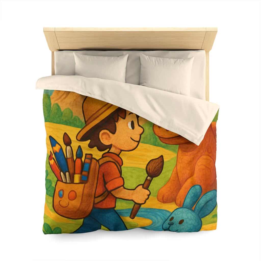 Housse de couette enfant joyeuse avec animaux et paysage coloré en peinture amusante