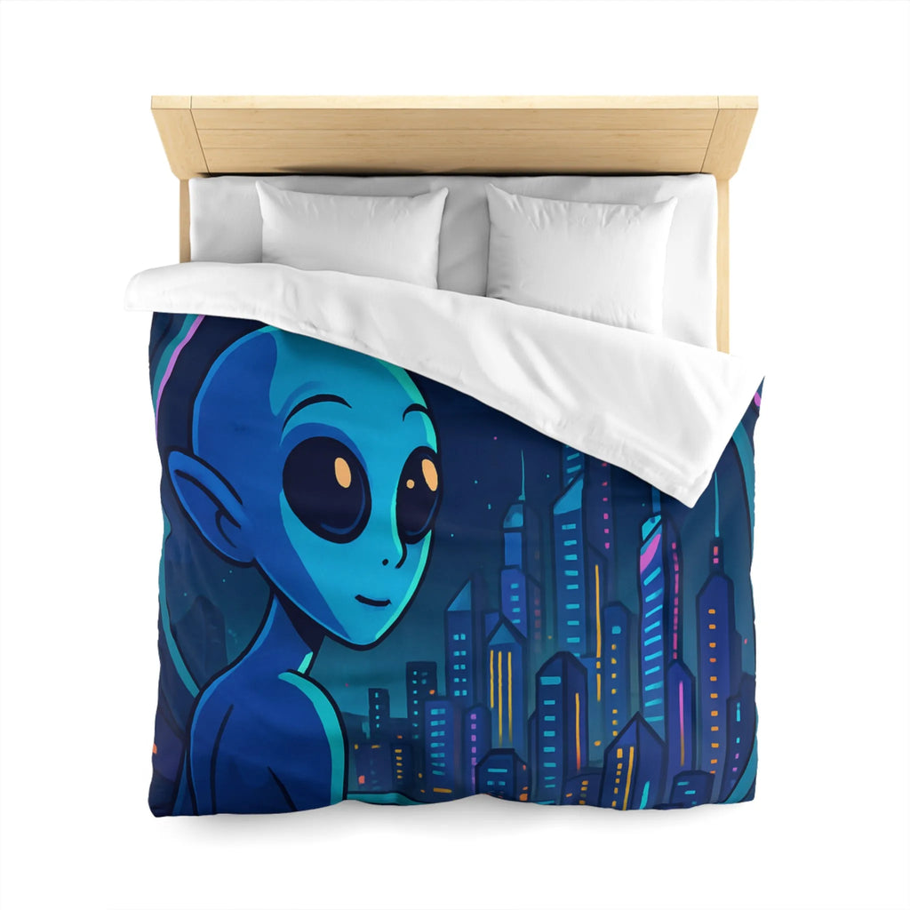 Housse de couette avec extraterrestre bleu contemplant métropole futuriste depuis vaisseau spatial