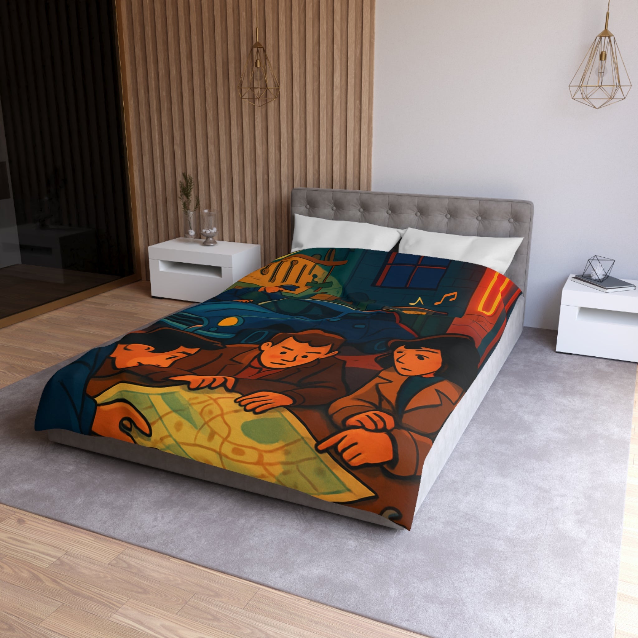 Housse de couette vintage ambiance atelier auto avec carte et personnages concentrés