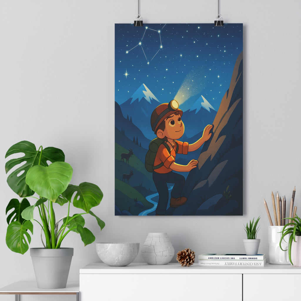 Poster décoratif bleu nuit aventure cartoon explorateur montagne étoilé magique chambre enfant art inspirant