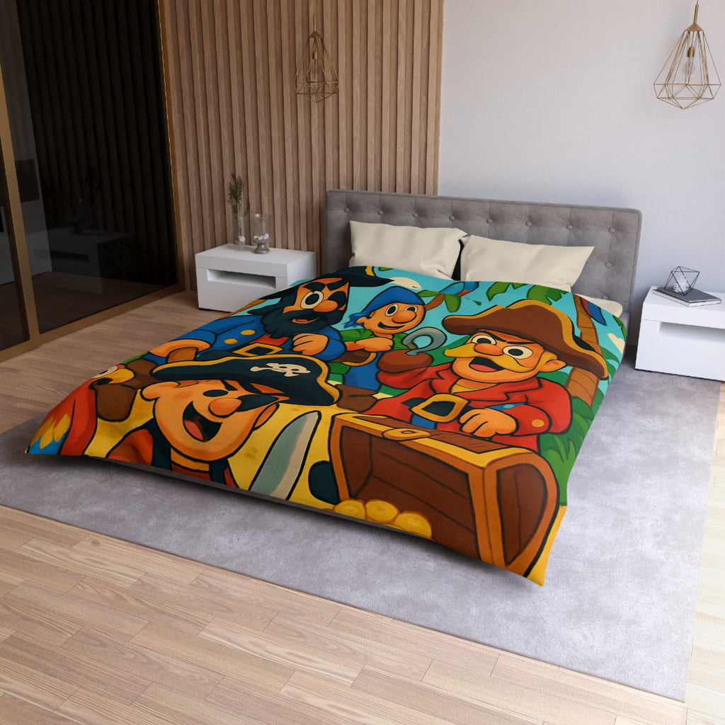 Housse de couette pirate colorée avec trésors, perroquets et personnages joyeux animés