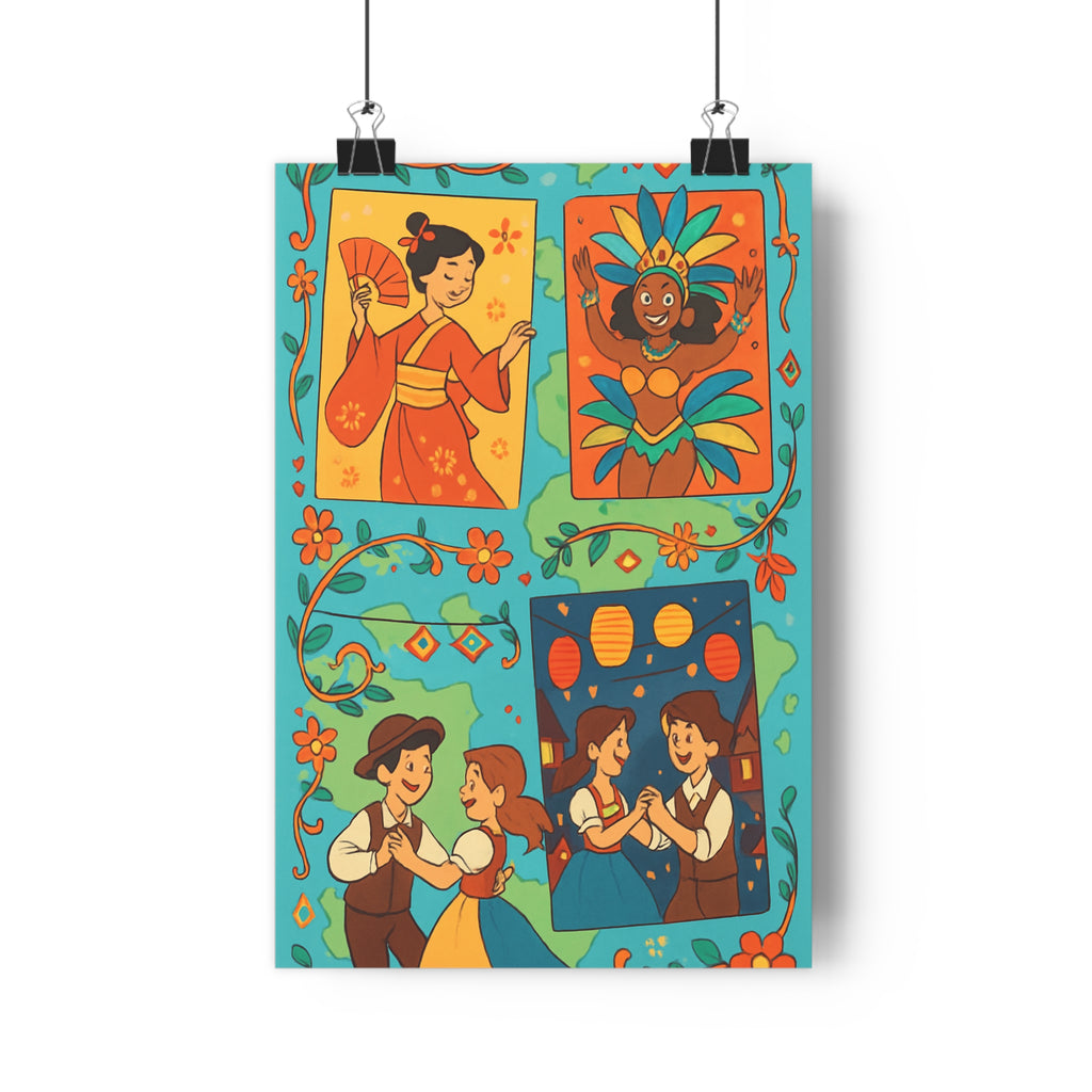 Poster décoratif vibrant couleurs orange joyeux salon moderne kimono carnaval danse motifs culturels traditionnels