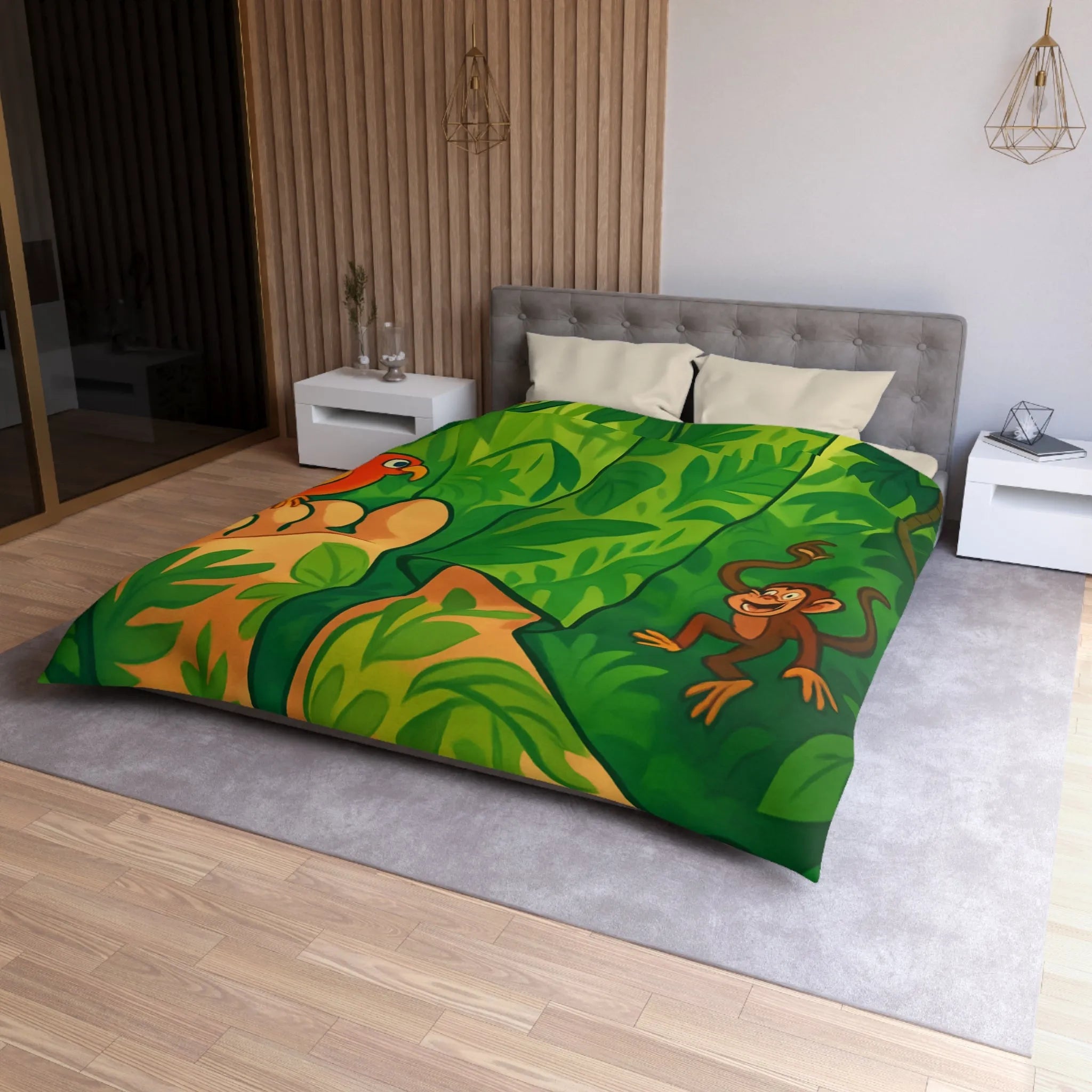 Housse de couette jungle colorée avec singes joyeux et perroquet exotique