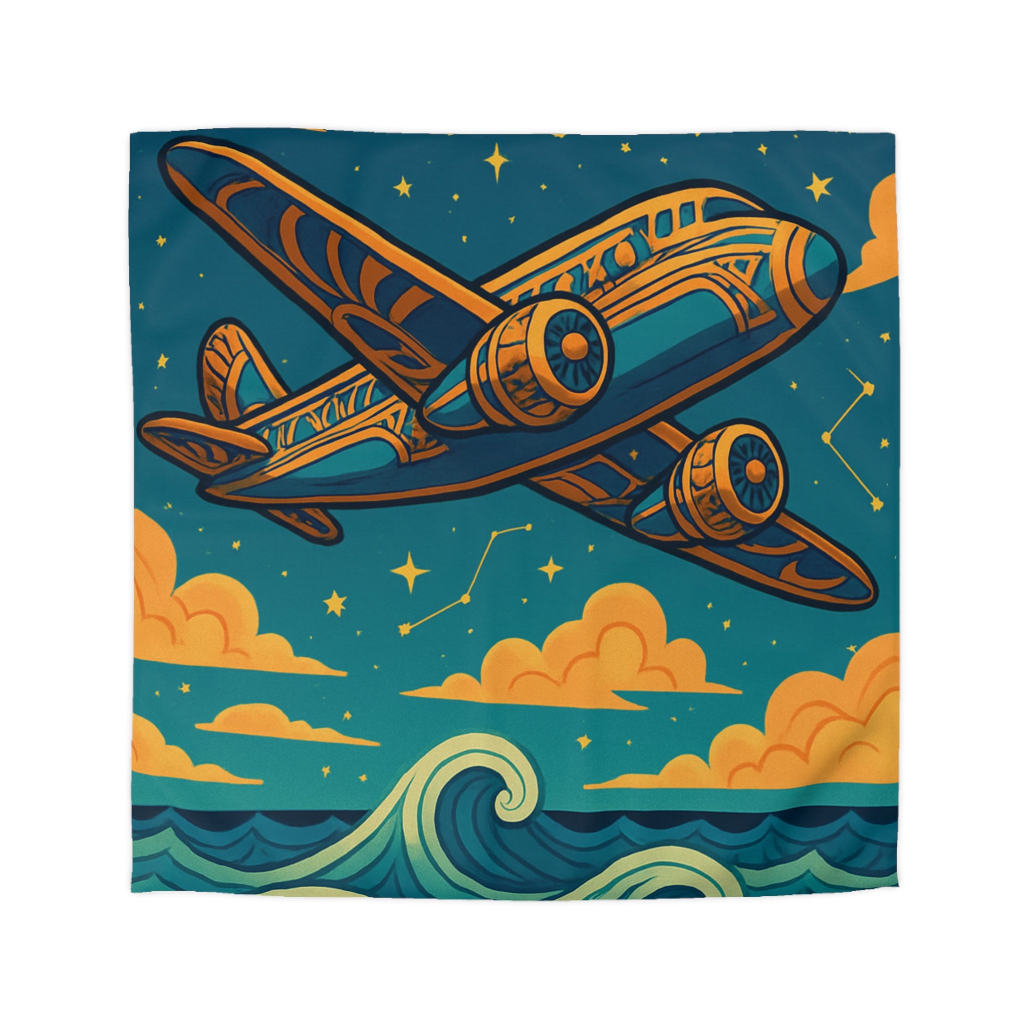 Housse de couette vintage avion voyageur sur ciel étoilé et mer tourmentée
