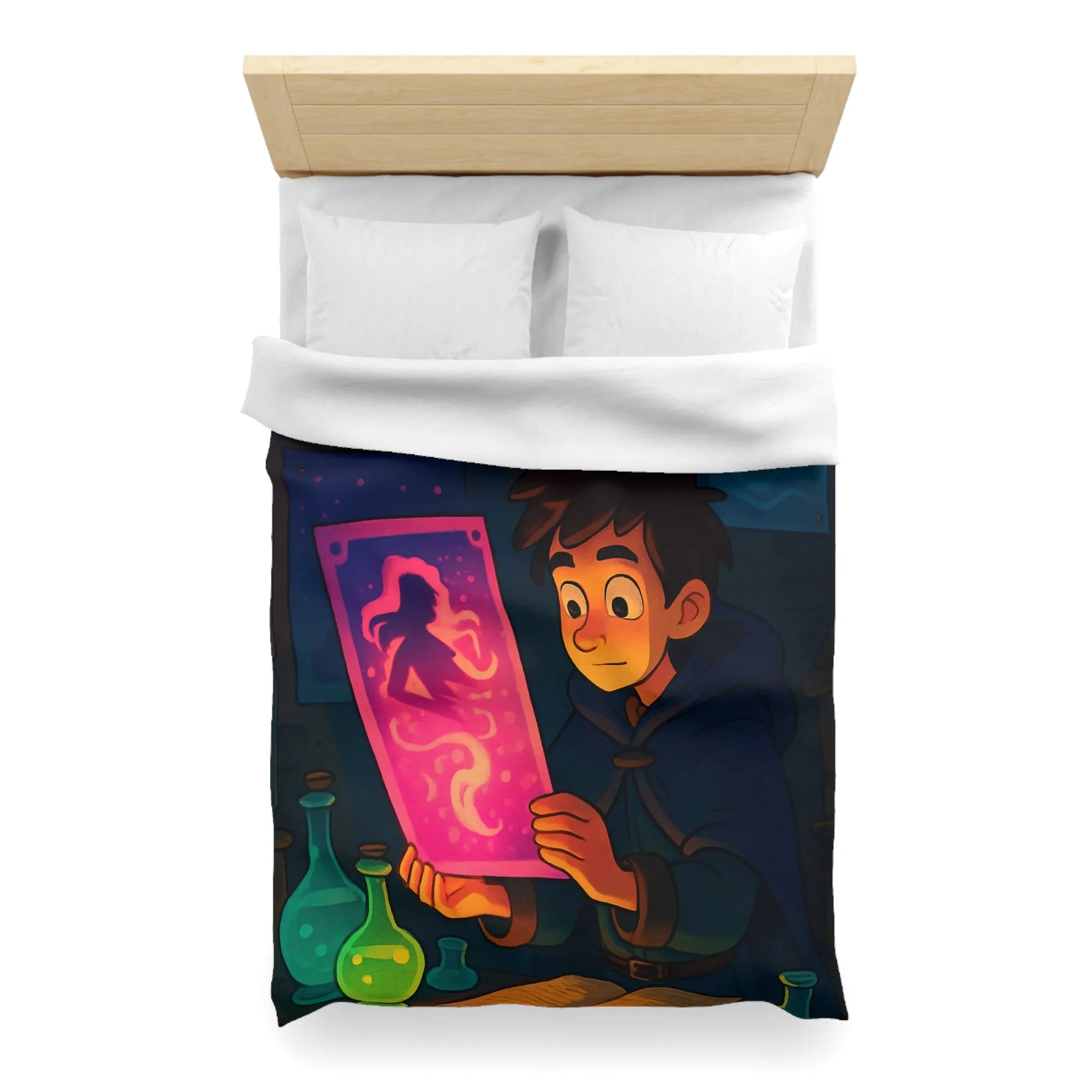 Enfant Magicien Lisant Papyrus Magique Avec Décor De Potions Et Affiches Mystiques