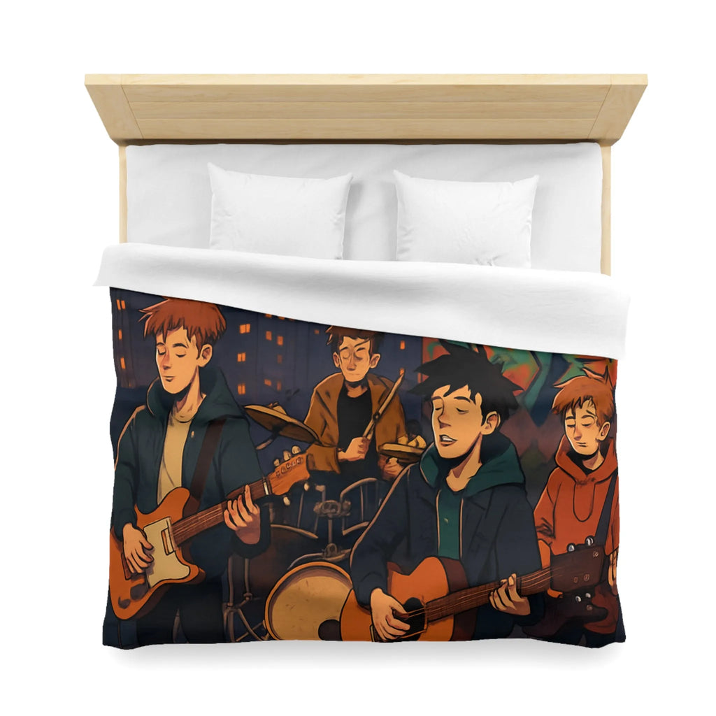 Housse de couette avec illustration de groupe jouant sur toit urbain au crépuscule