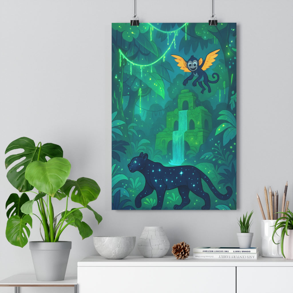 Poster décoratif cartoon jungle exotique émeraude violet salon chambre enfant magique aventure artistique cascade