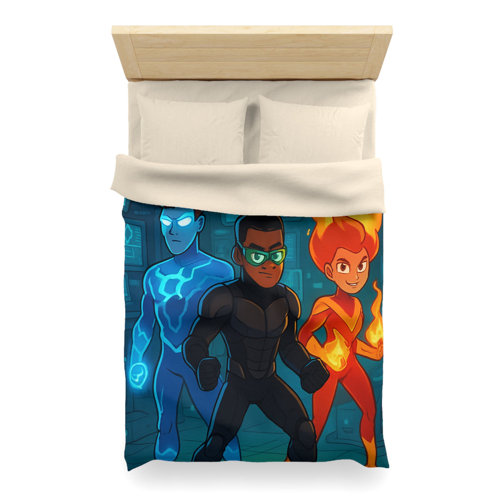 Housse de couette super-héros colorée avec motifs de feu, glace et technologie futuriste