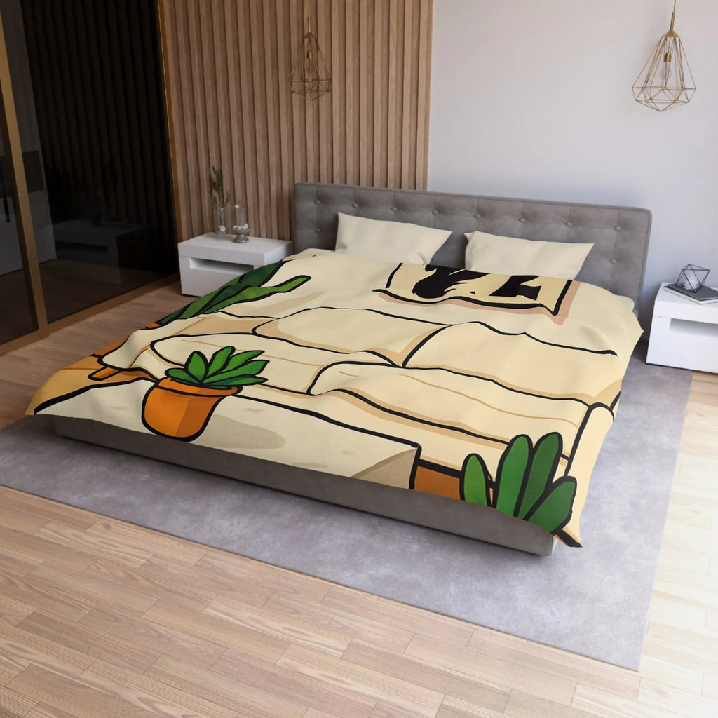 Housse de Couette Élégante avec Design Graphique Moderne et Plantes Vertes Décoratives