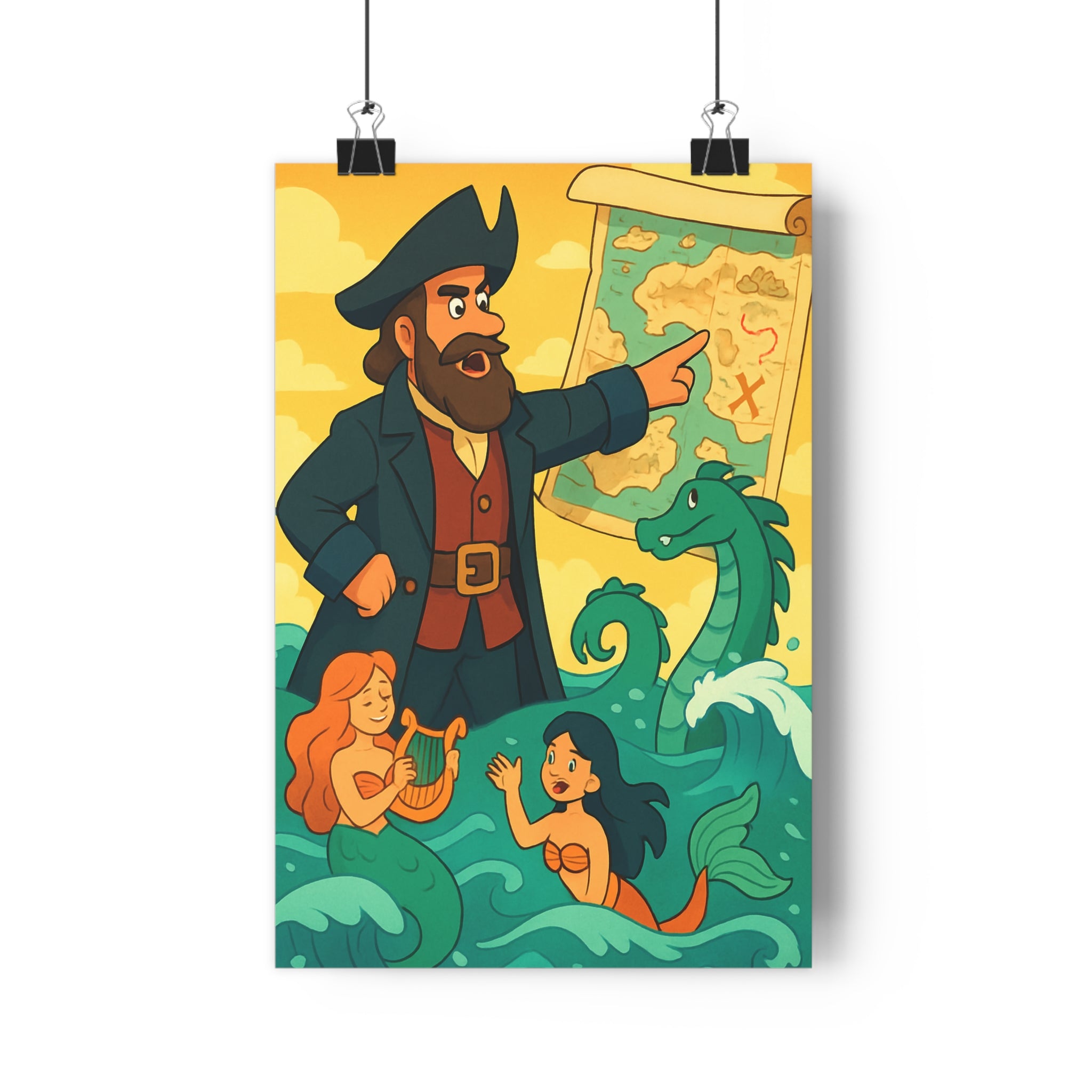 Poster décoratif aquarelle océan pirate sirène serpent aventure chambre enfant créatif bleu vert 30x46
