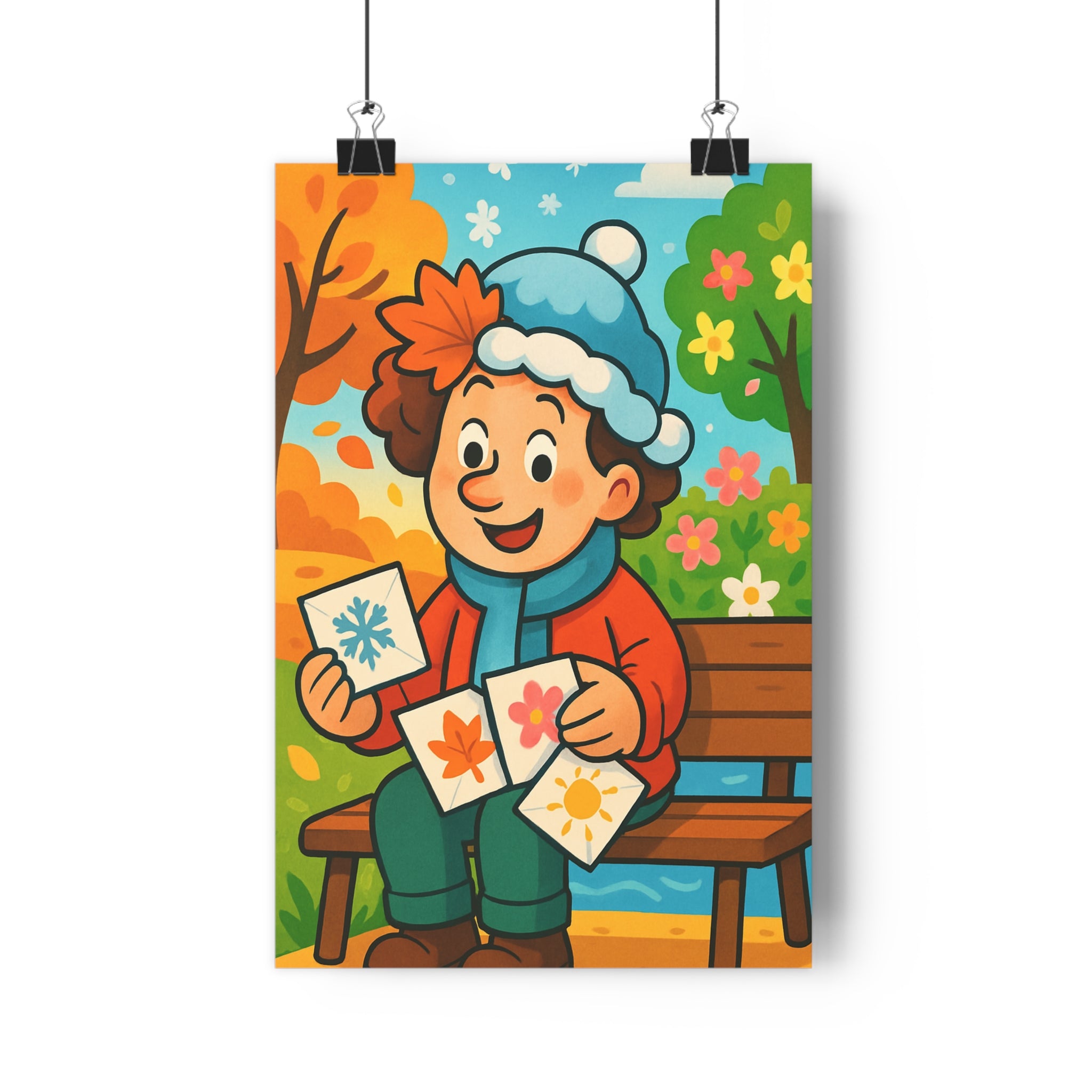 Poster décoratif animé vert orange joyeux enfant nature saisons banc cartes fleurs hiver qualité