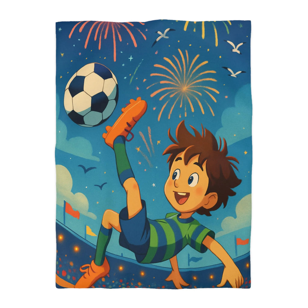 Housse de Couette Enfant Festive avec Football et Feux d'Artifice Multicolores Animés