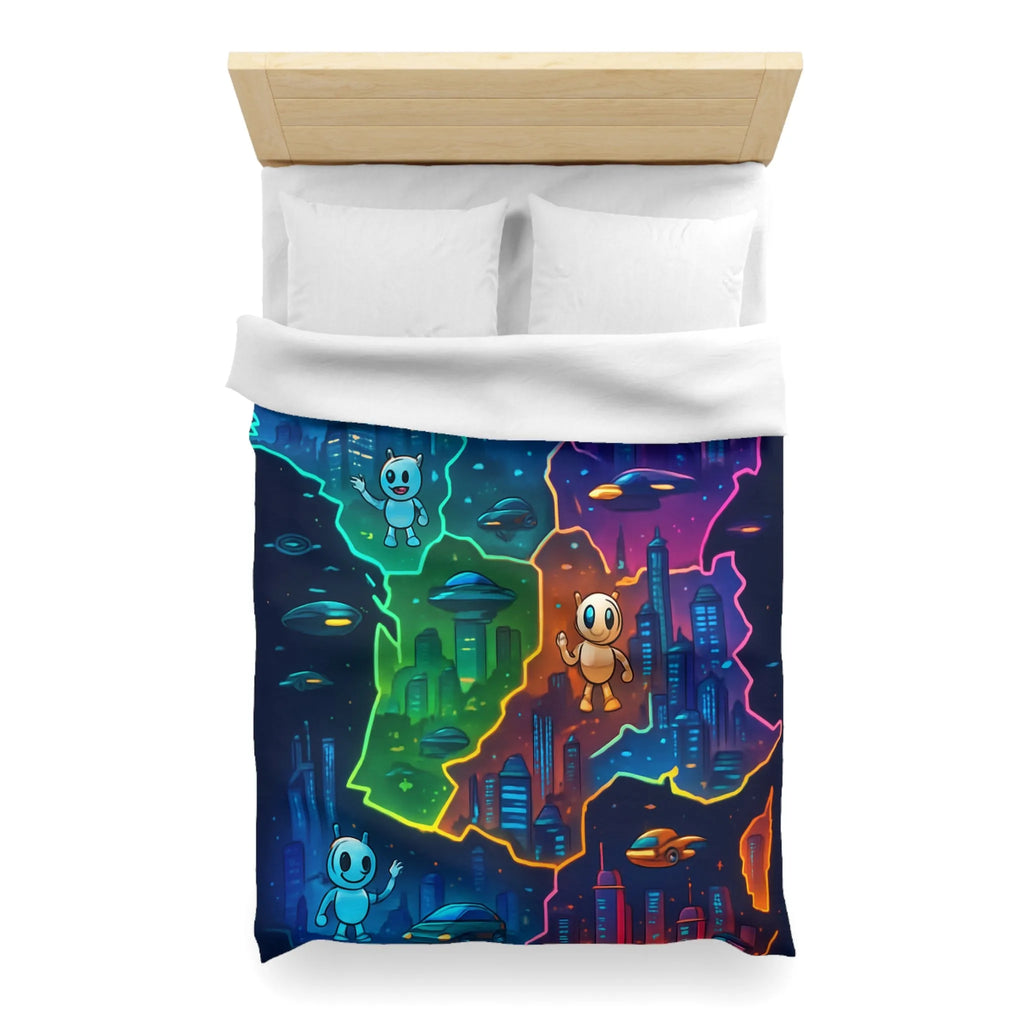 Carte de France futuriste colorée avec robots et OVNIs sur une housse de couette unique